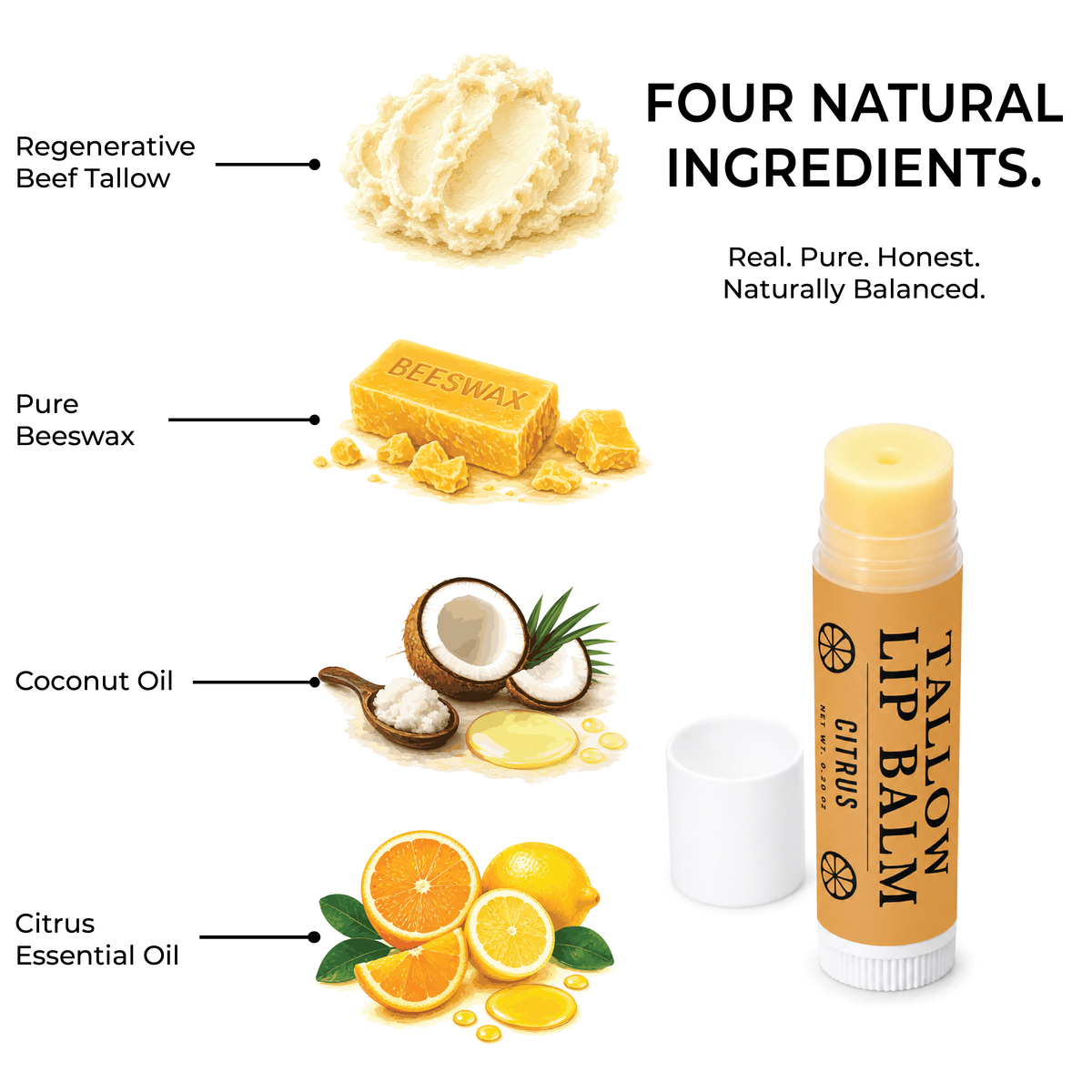 Lip balm with natural ingredients displayed on a white background