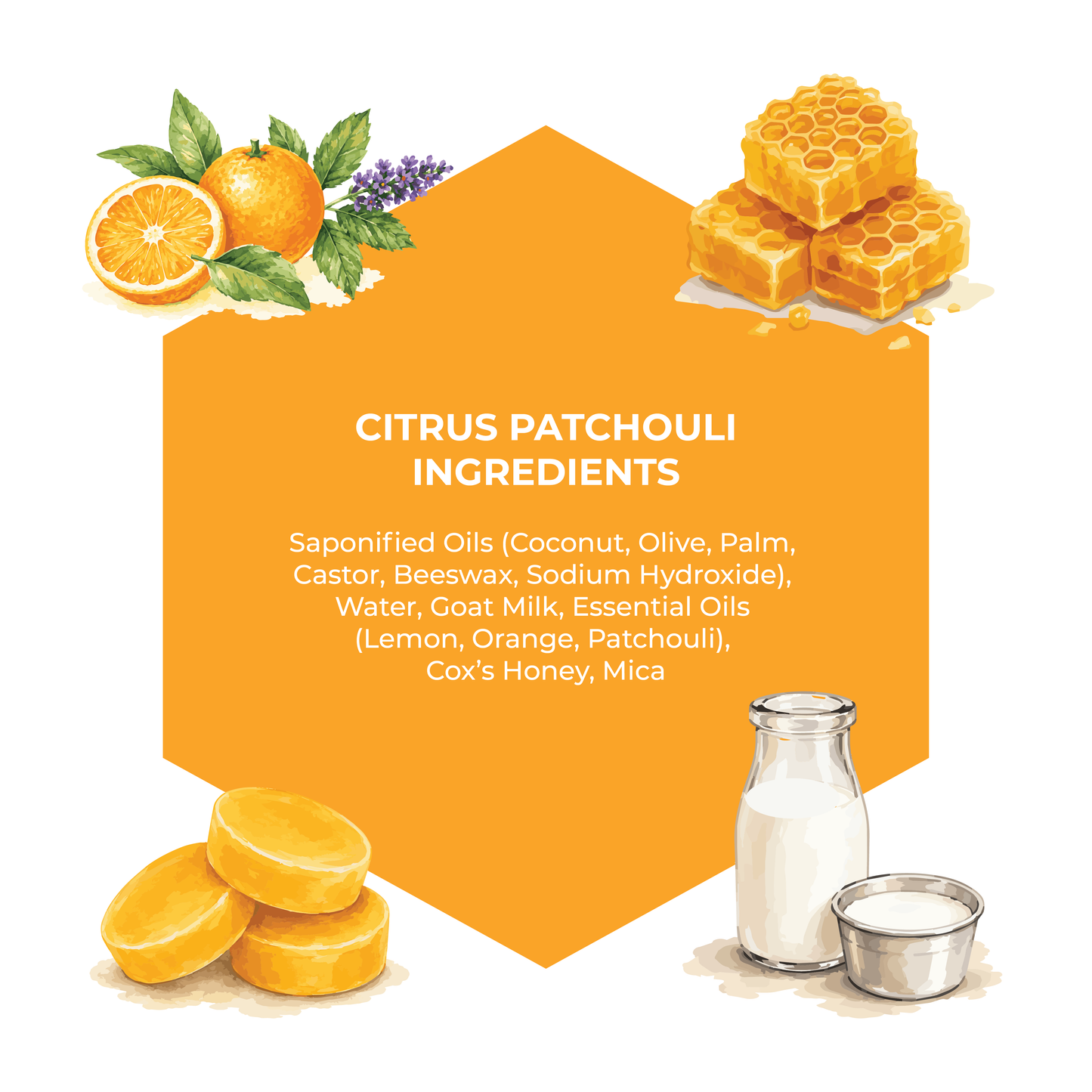 Illustration of citrus patchouli ingredients with oranges, honeycomb, and a bottle of milk on an orange background.