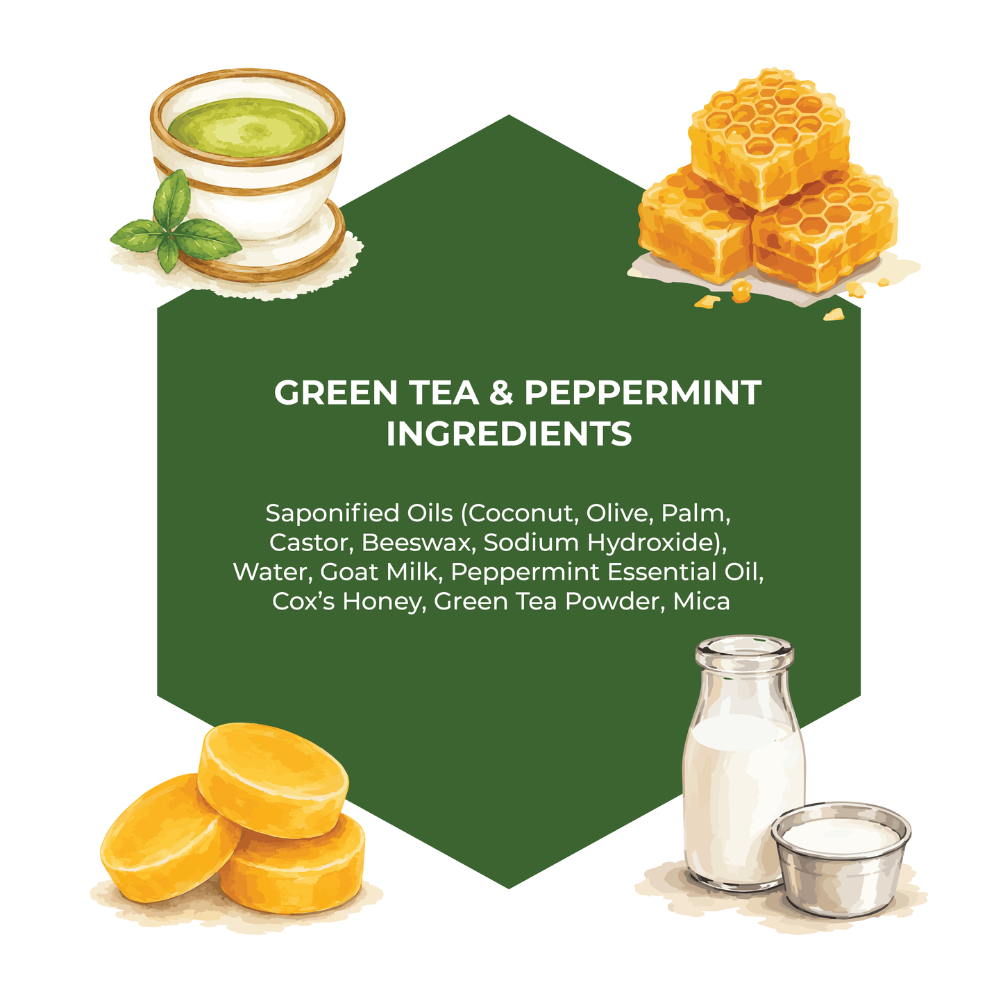 Green tea and peppermint ingredients with a green label on a white background