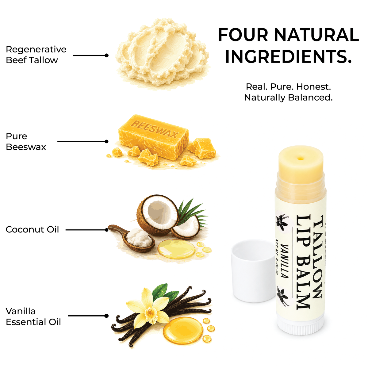 Lip balm with labeled natural ingredients including beef tallow, beeswax, coconut oil, and vanilla essential oil.