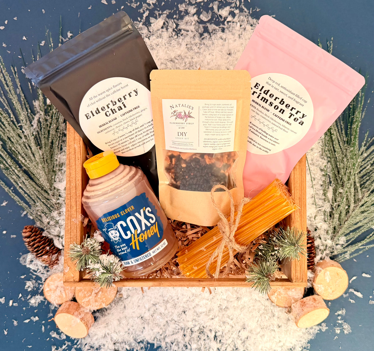 Cox's Honey The Tea Box - raw honey, honey sticks, elderberry syrup kit and elderberry teas