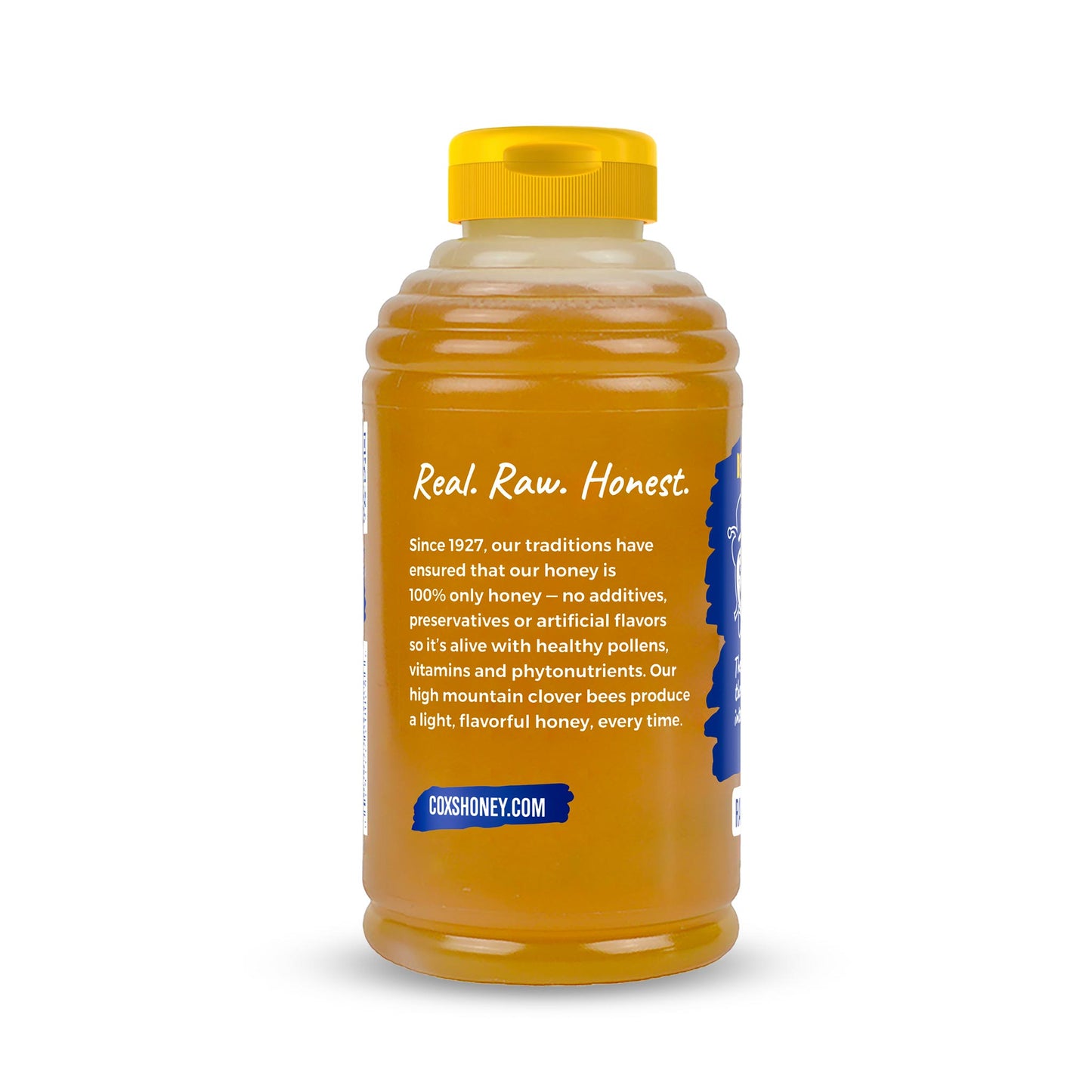 Coxs Honey 24oz Raw Unfiltered Clover Honey Bottle Back View