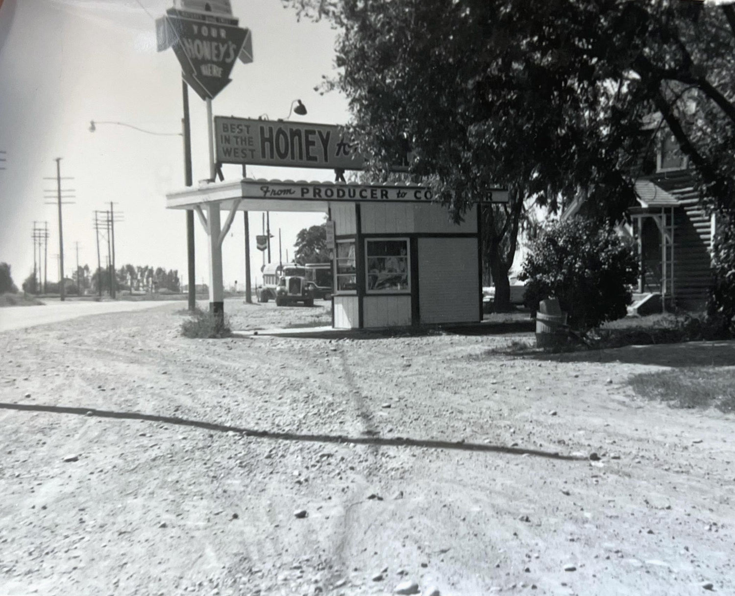 Coxs Honey Old Honey Stand in Shelley Idaho. Black and White Photo