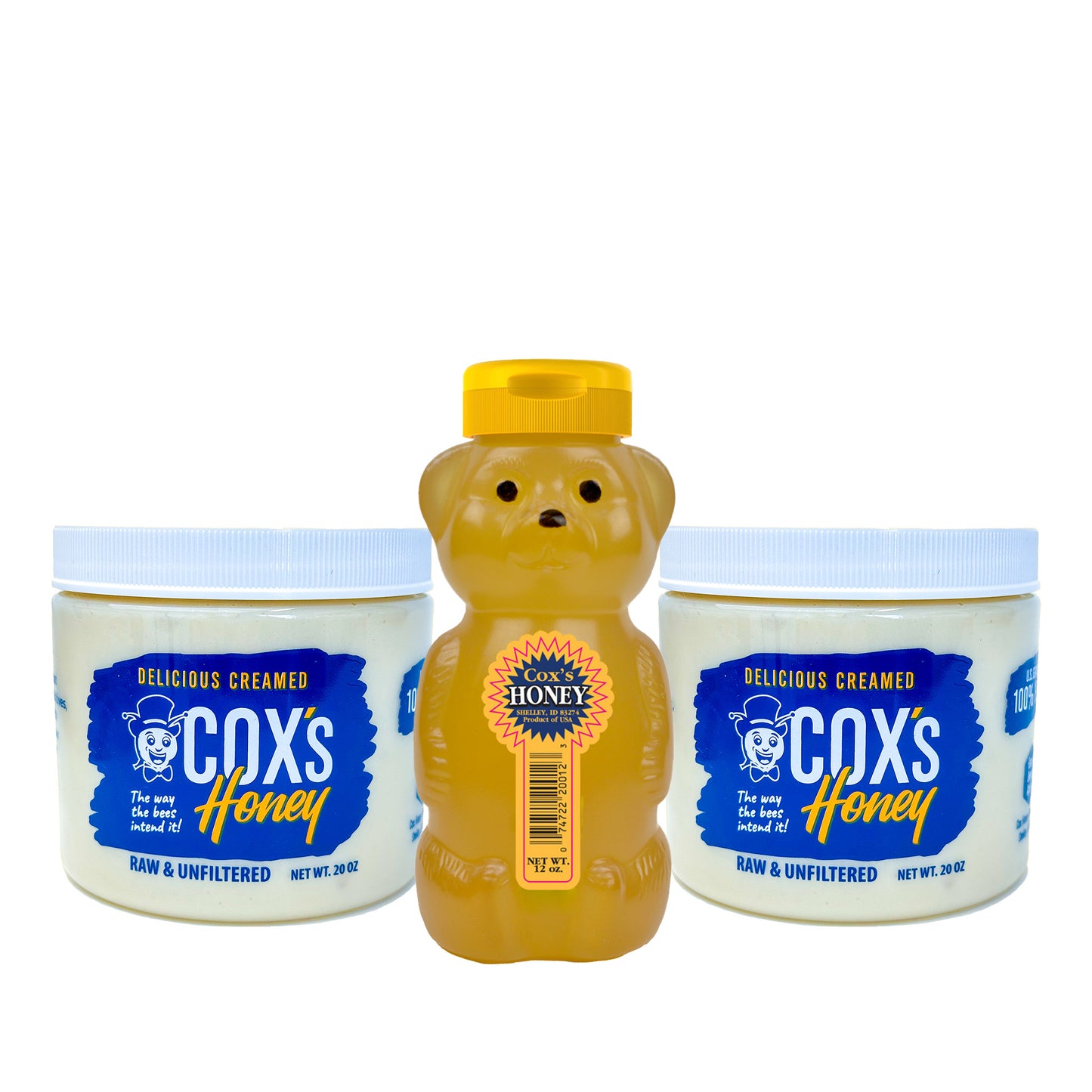 Coxs Honey Raw Unfiltered Table Bundle with one 12 oz honey bear and two 20 oz creamed honey tubs