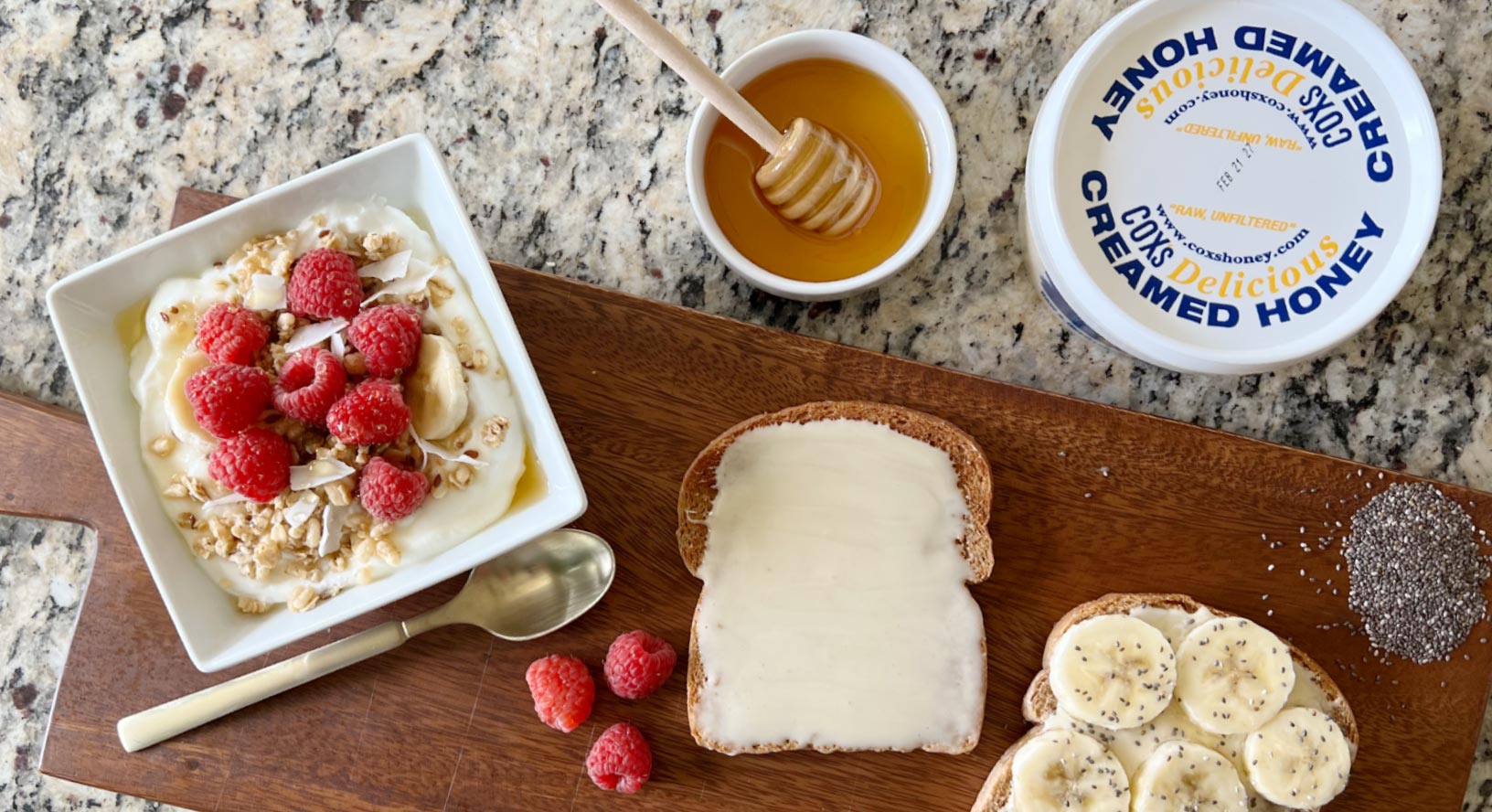 Coxs Honey raw unfiltered honey. Granola with raspberries and honey. Bread with creamed honey and bananas.