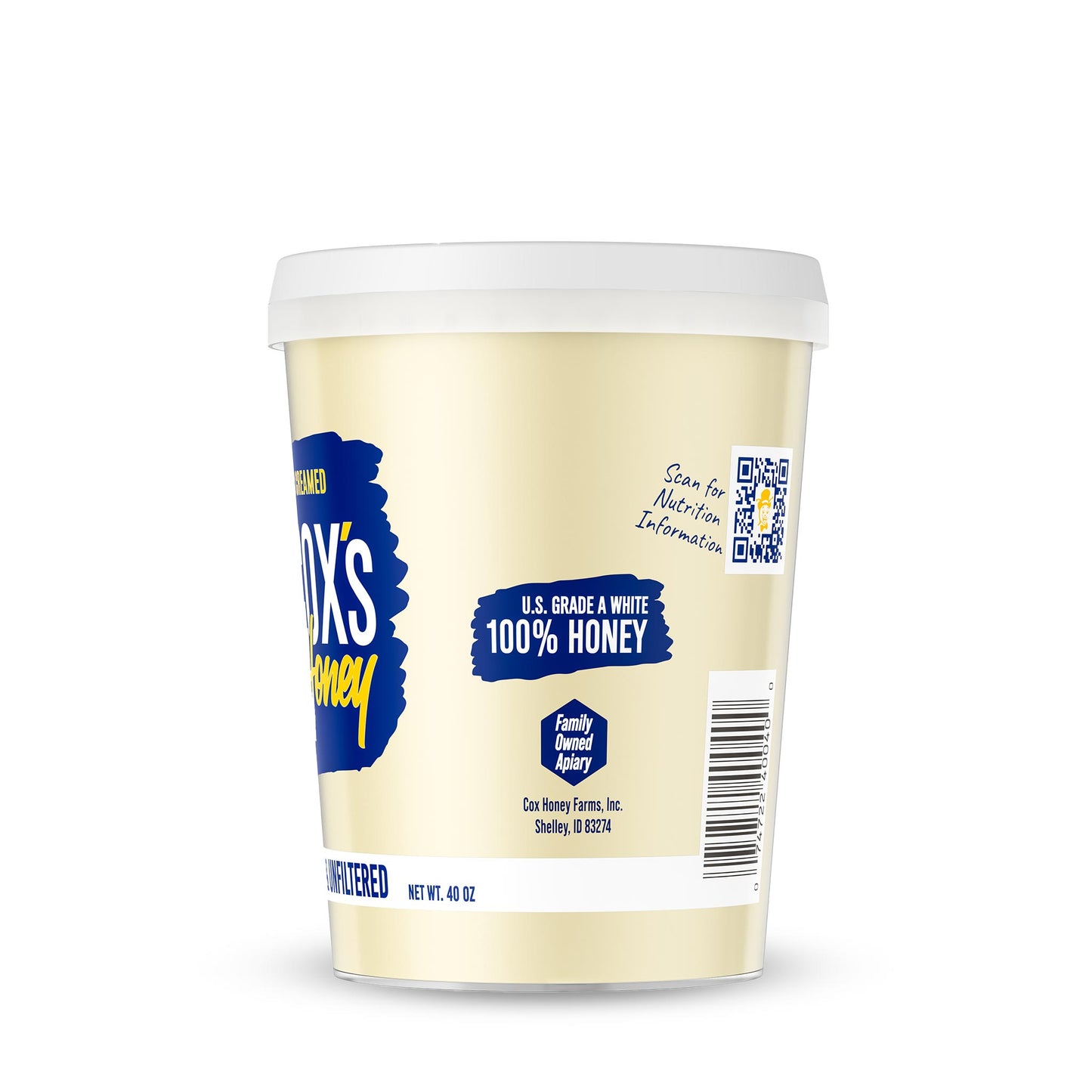 Cox's Honey 40 oz creamed honey tub side view