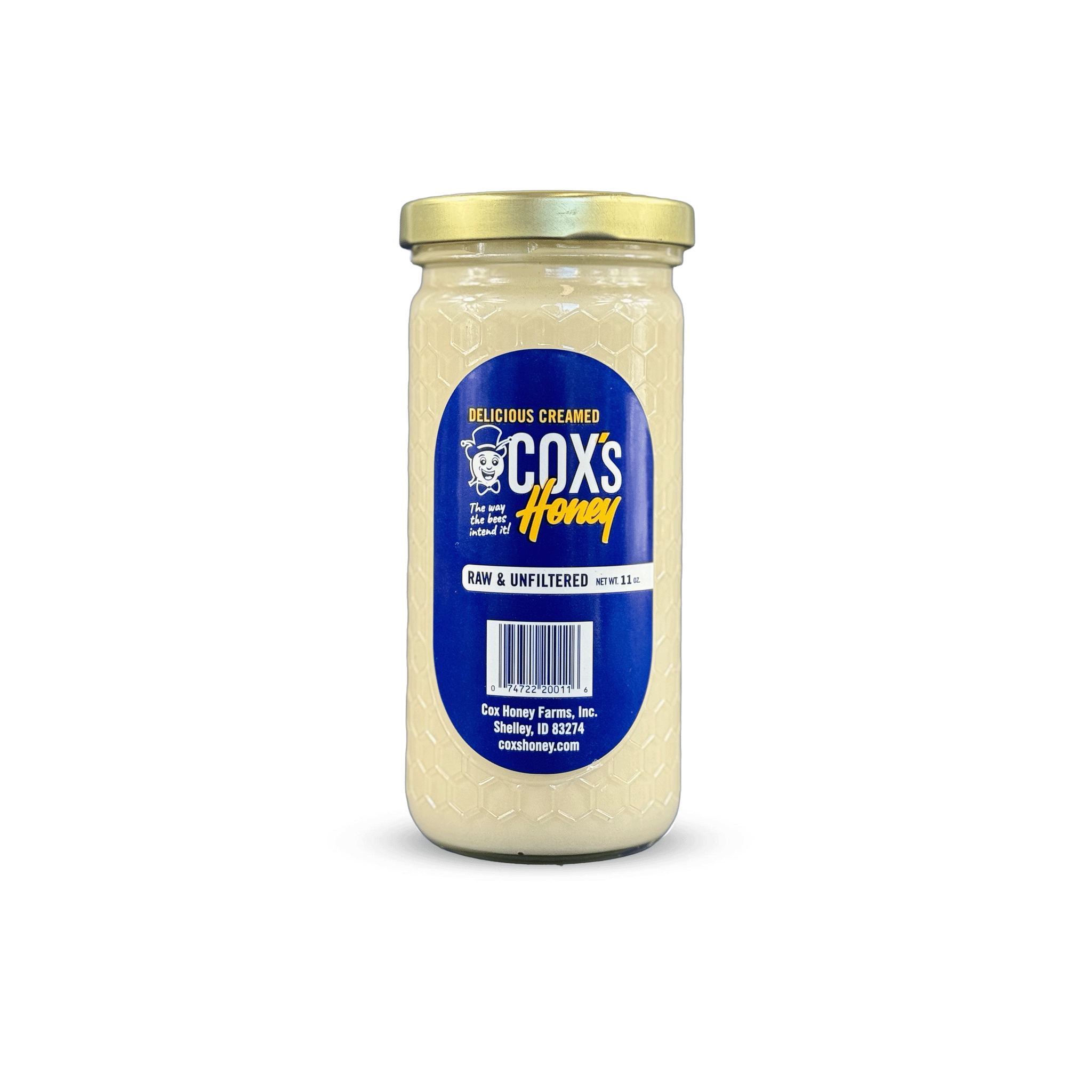 11 oz Glass Jar of Cox's Honey on a white background