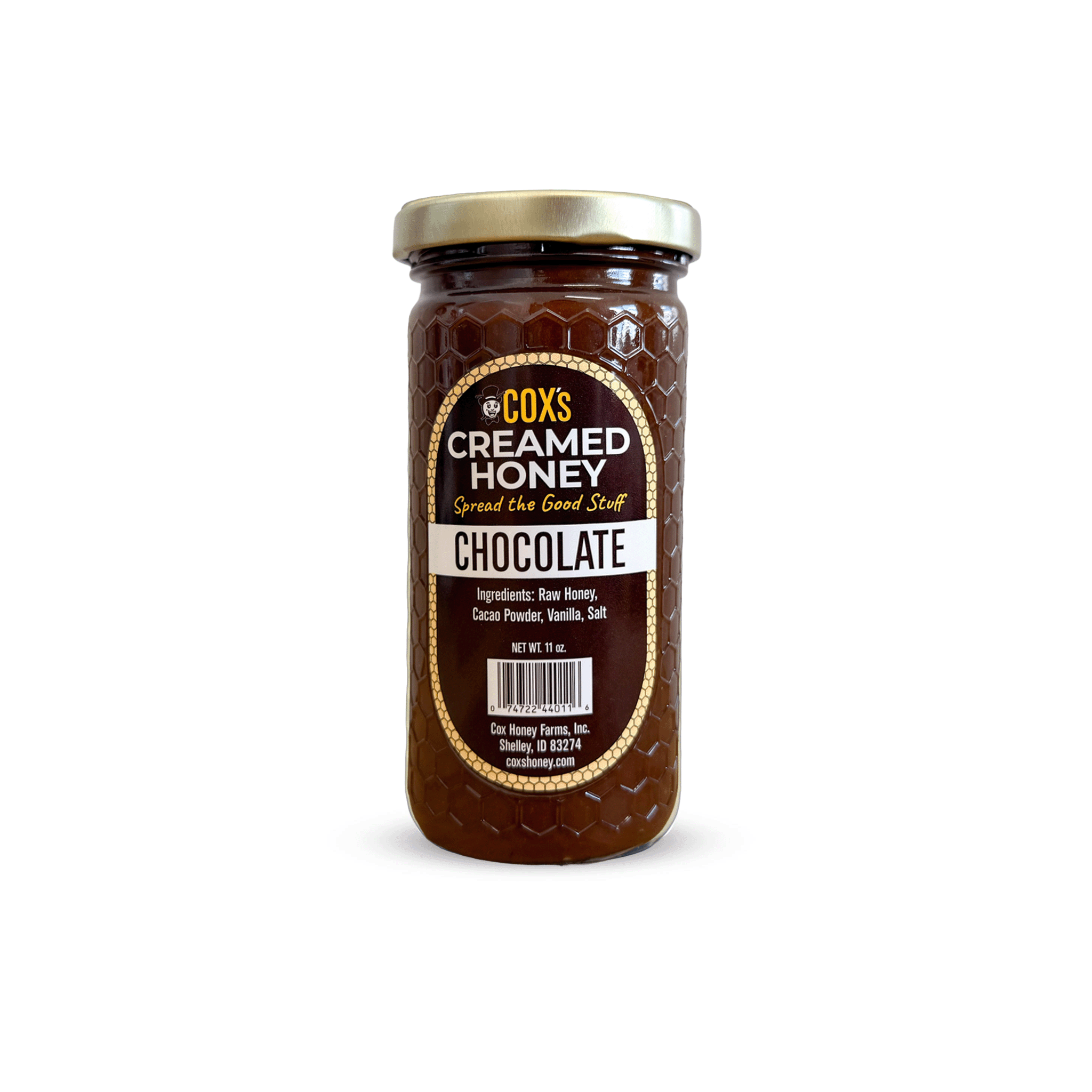 Jar of Cox's Creamed Honey Chocolate flavor on a white background