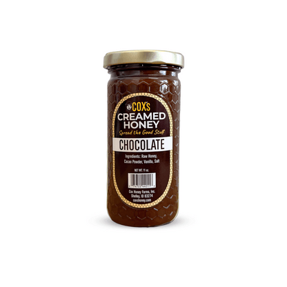 Jar of Cox's Creamed Honey Chocolate flavor on a white background