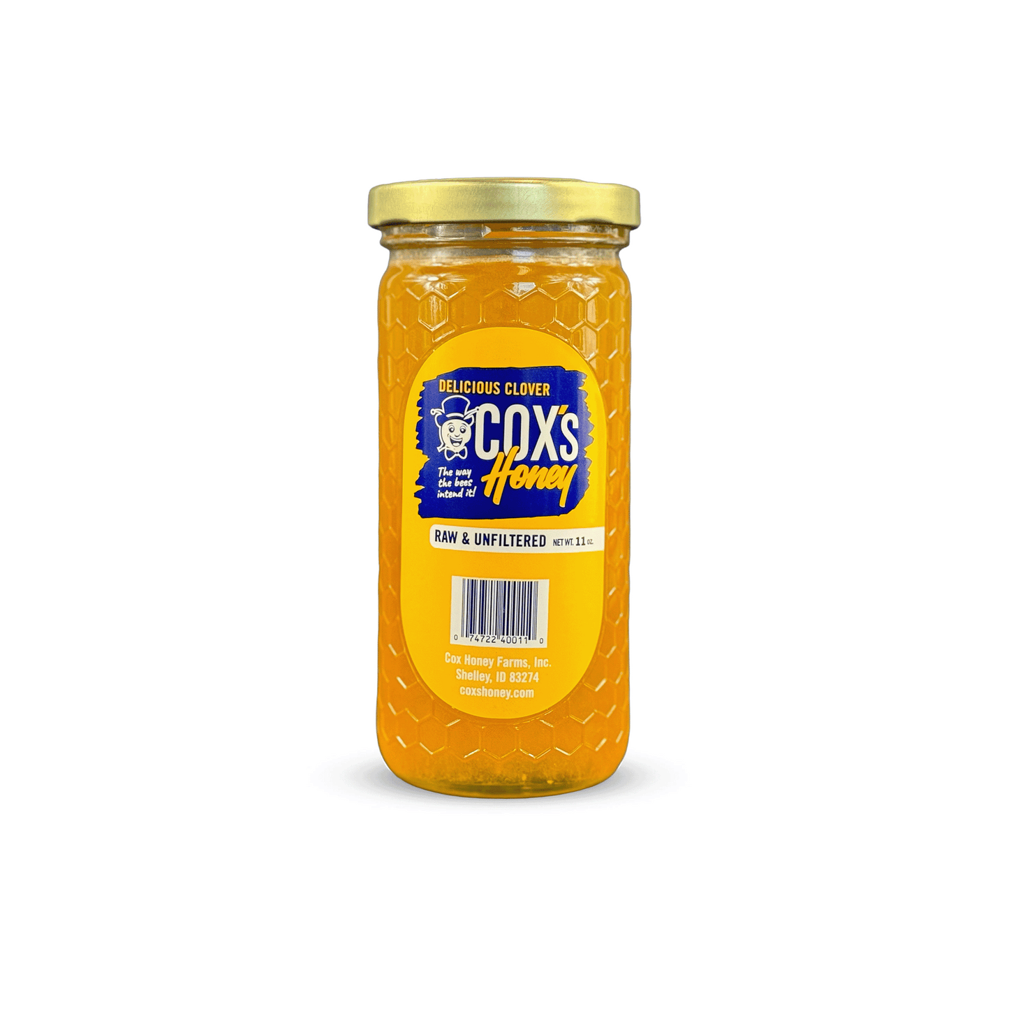 11 oz Glass Jar of Cox's Honey on a white background