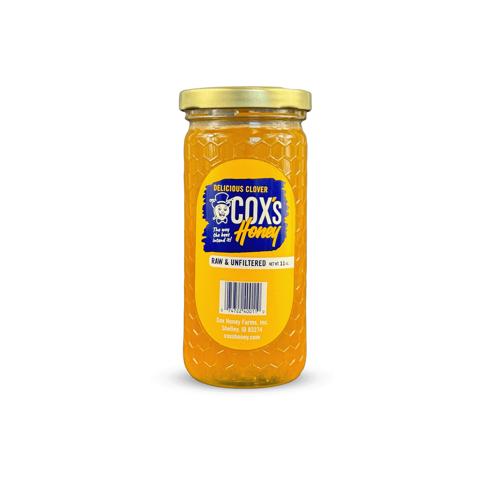 11 oz Glass Jar of Cox's Honey on a white background