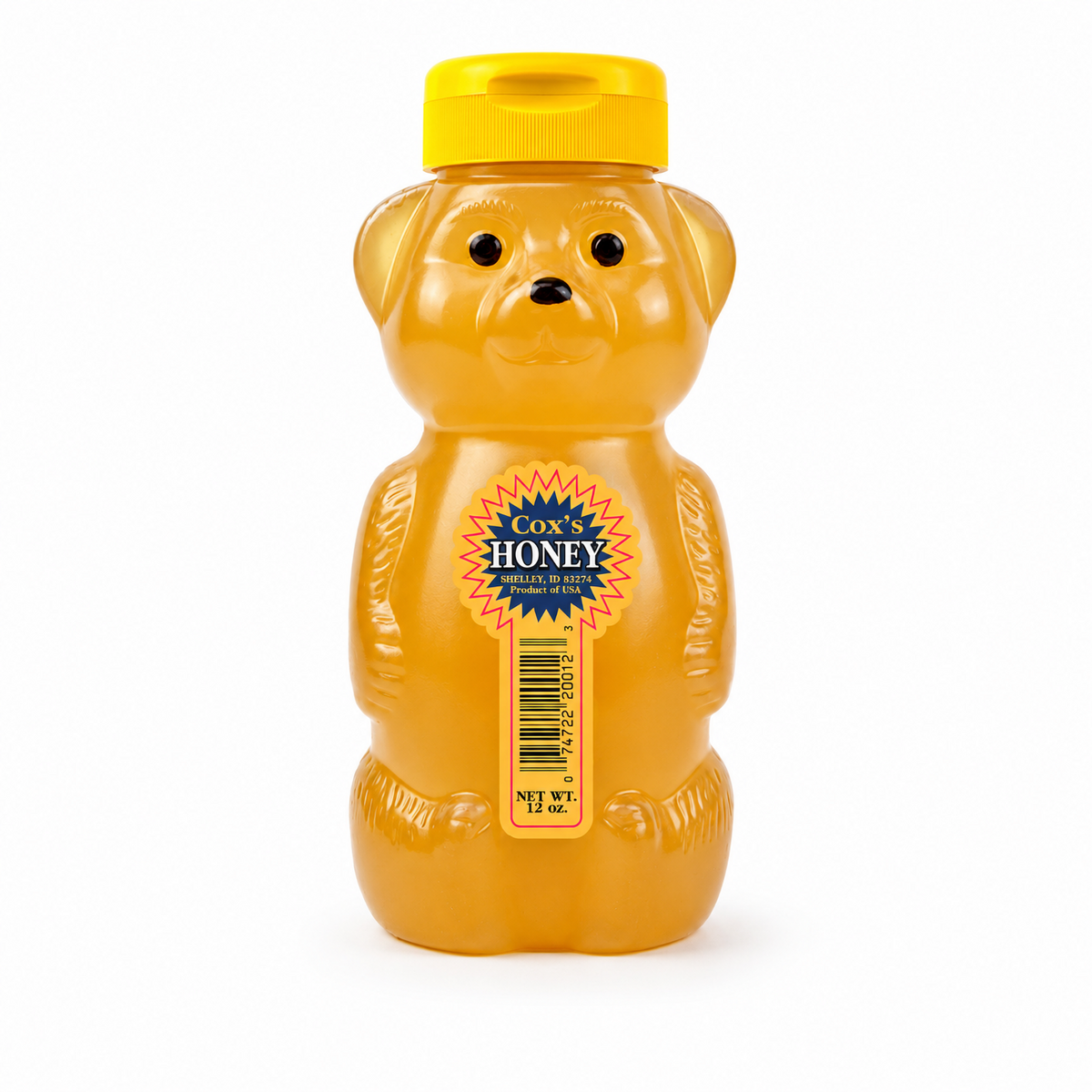 Coxs Honey 12 oz Clover Honey Bear on white background