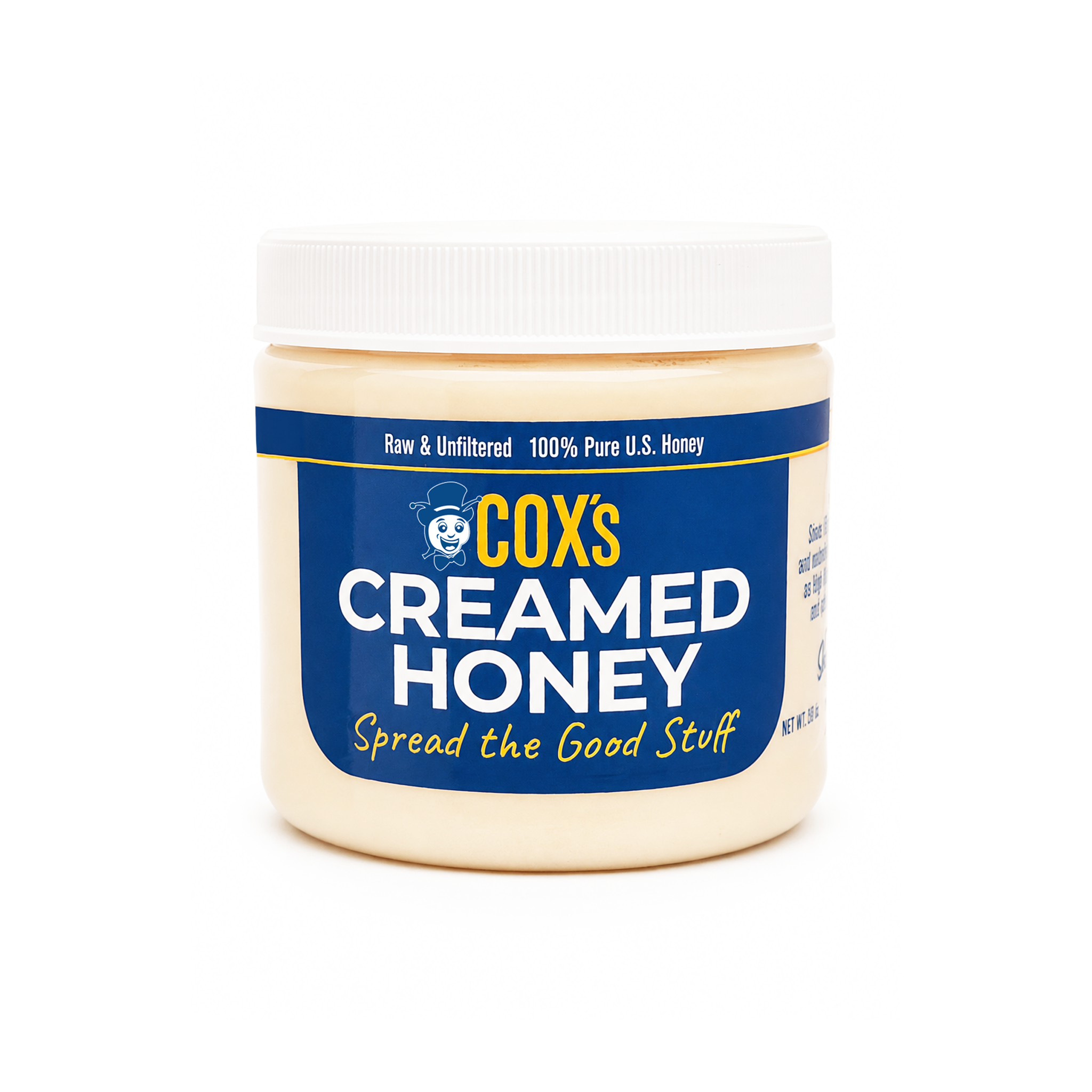 A jar of Cox's Creamed Honey with a white lid and a blue label, shown on a clean white background.