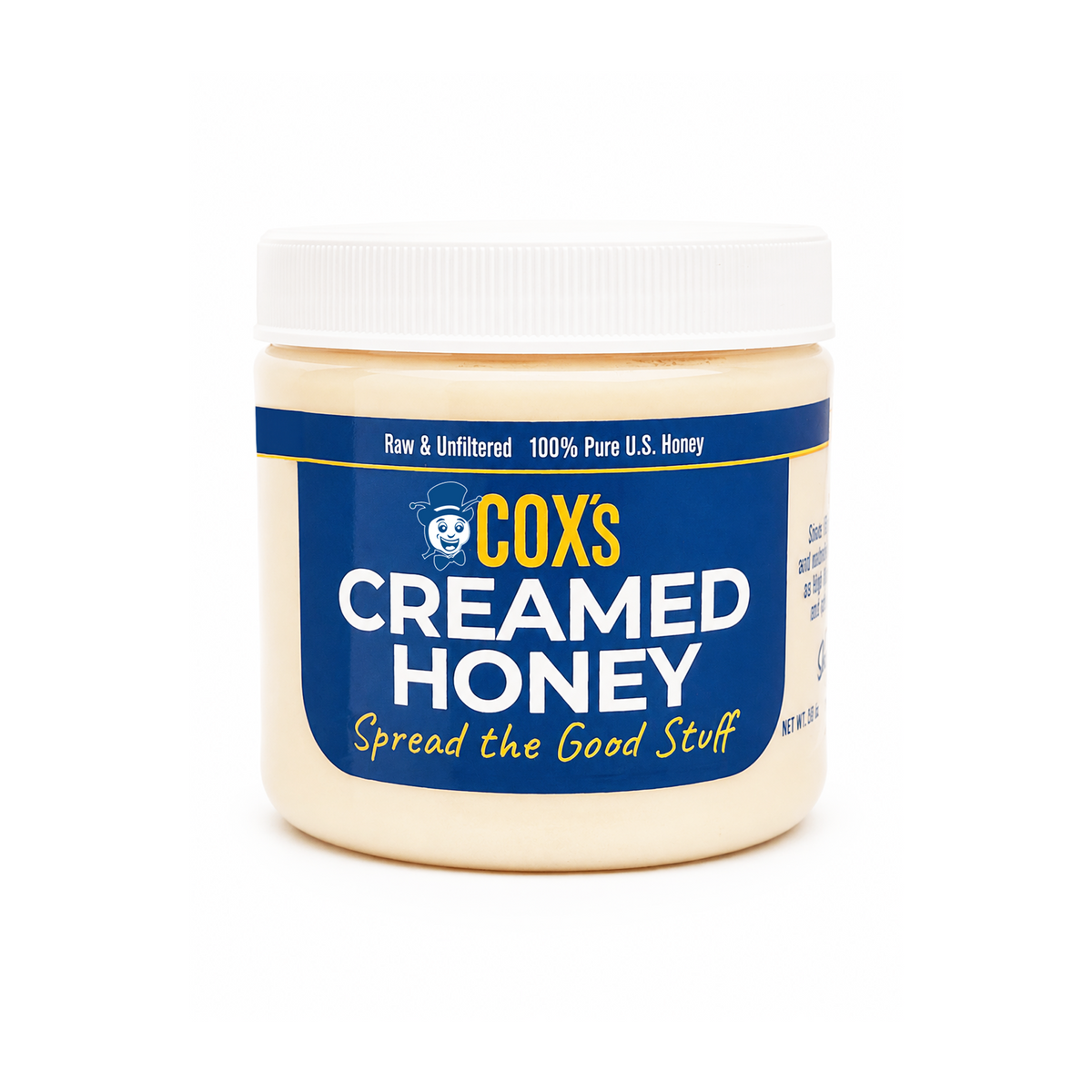 A jar of Cox's Creamed Honey with a white lid and a blue label, shown on a clean white background.