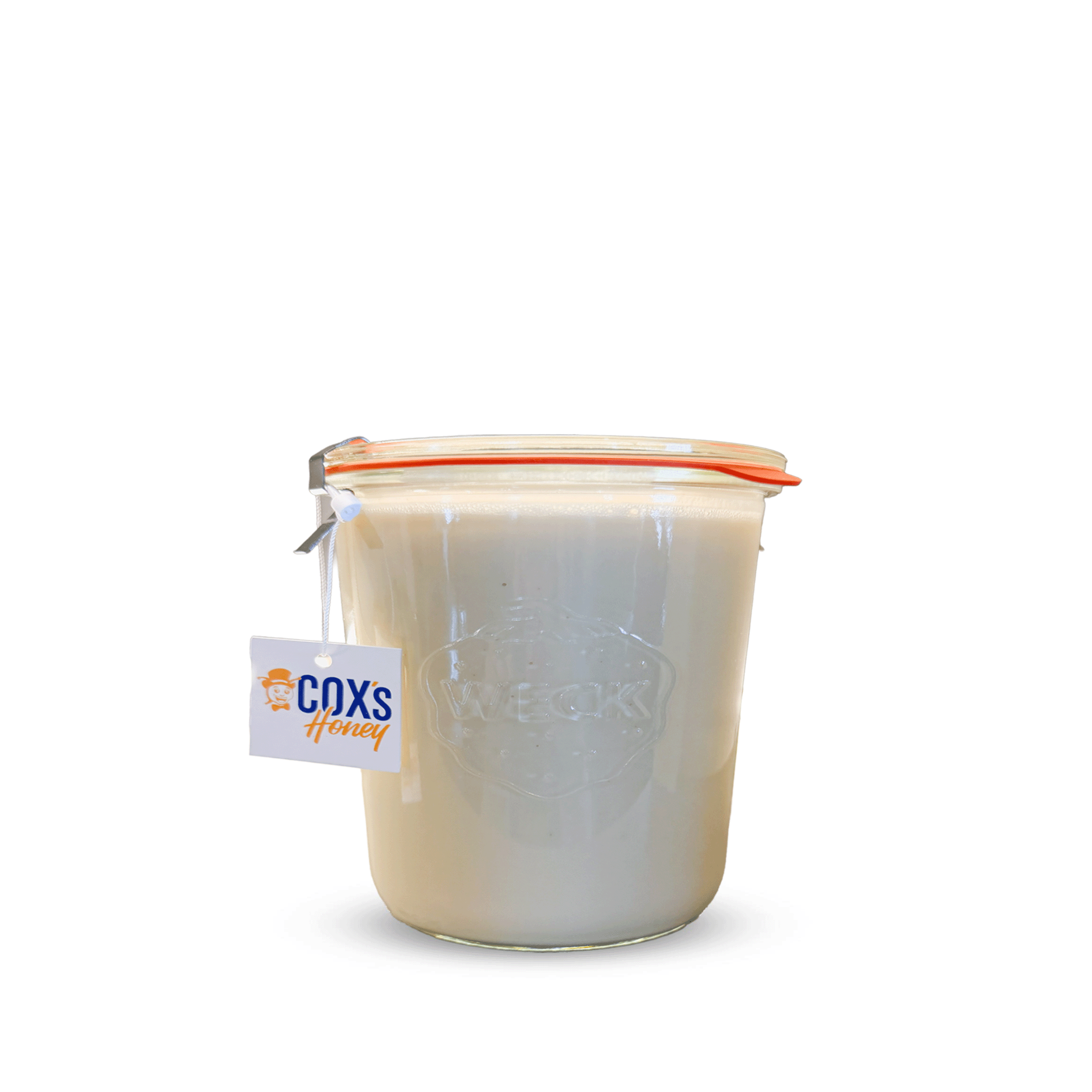 Jar of honey with a Coxs tag on a white background