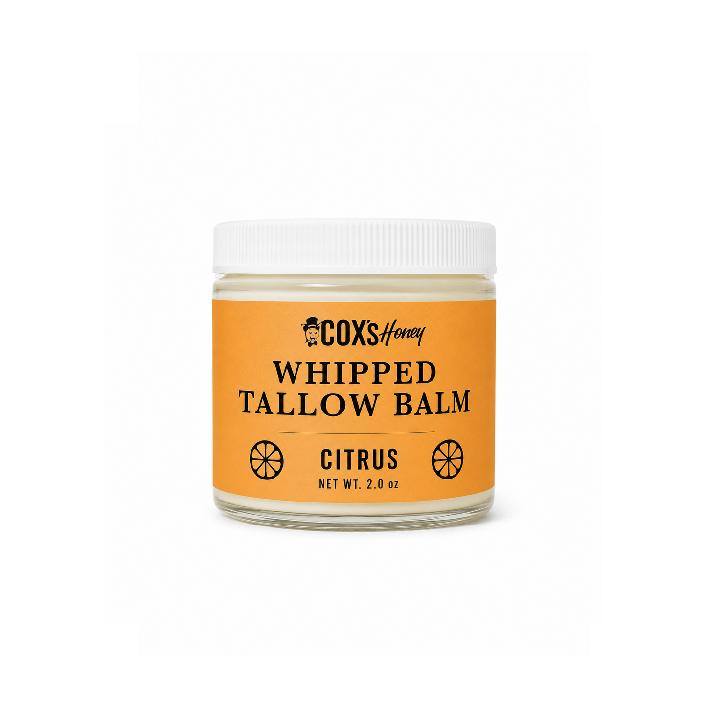 Jar of Coxs Honey Whipped Tallow Balm with an orange label on a white background