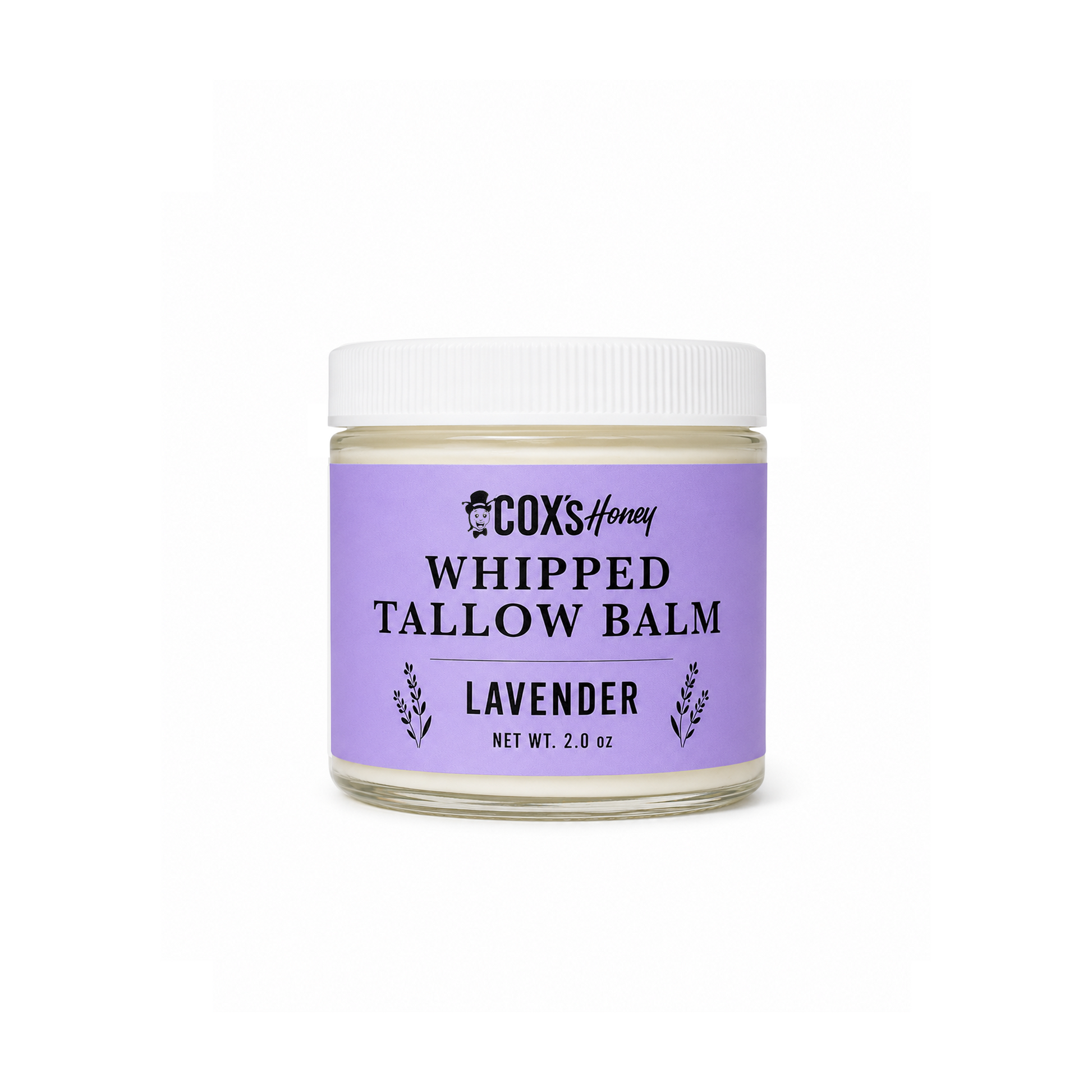 Jar of COX's Honey Whipped Tallow Balm Lavender on a white background