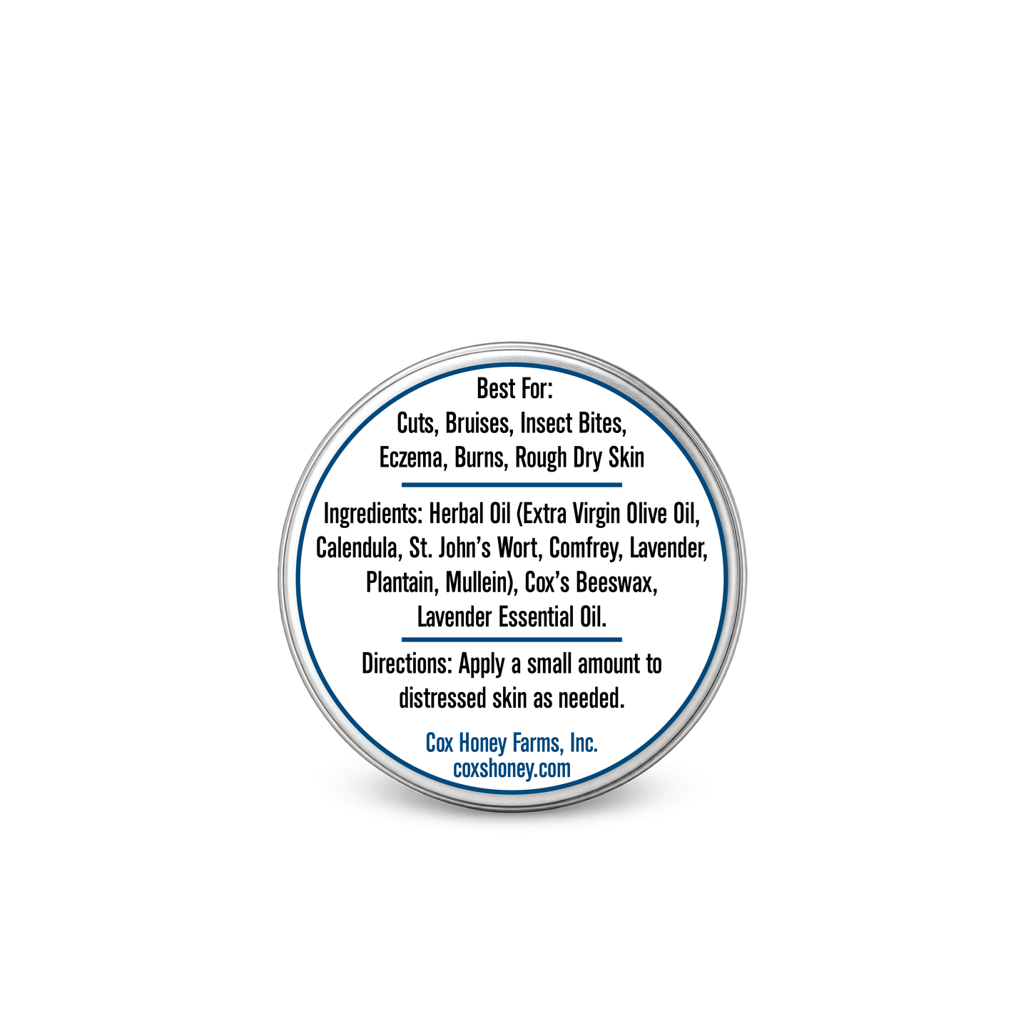 Round Coxs Honey Healing Salve container label with ingredients on a white background