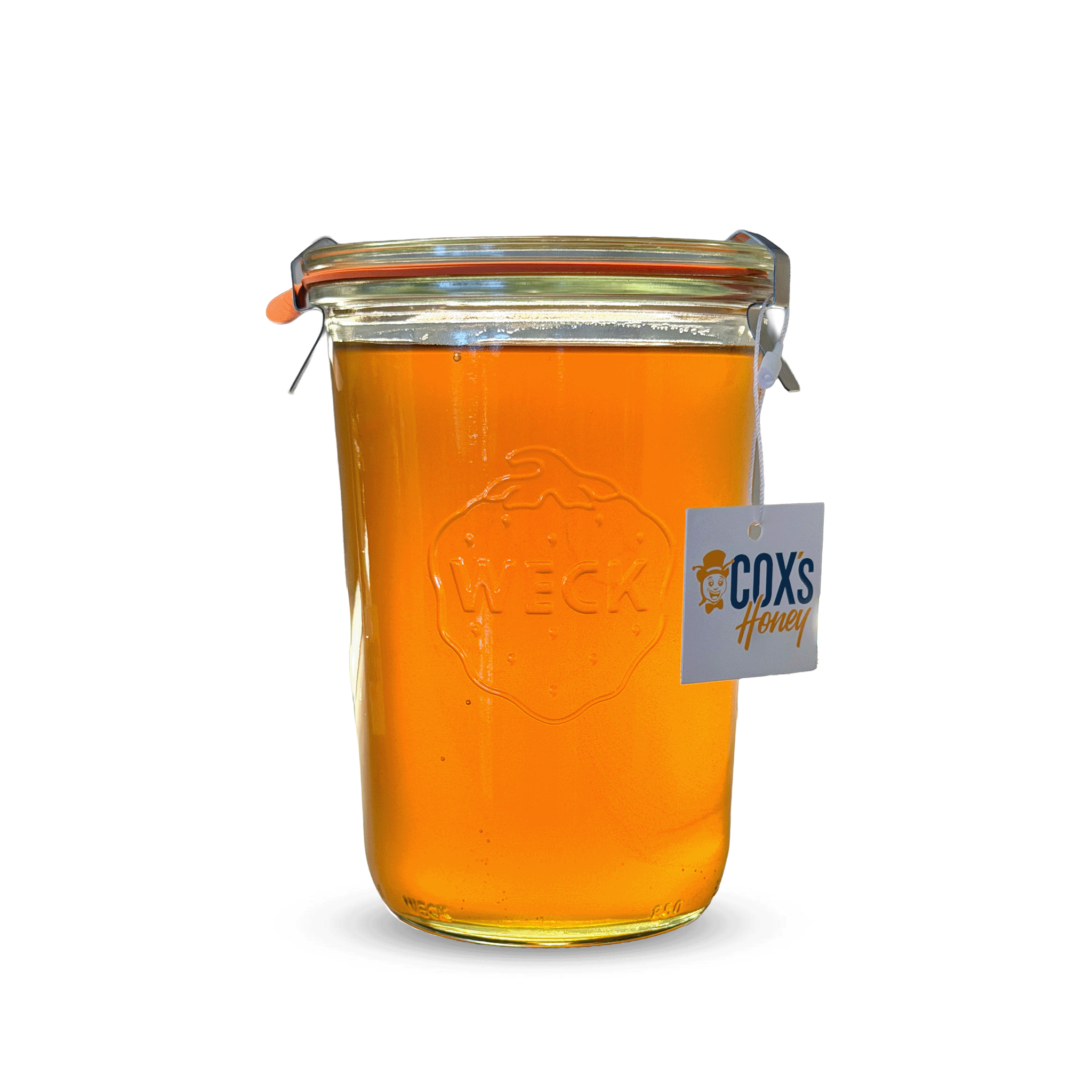 Jar of honey with a Coxs Honey label on a white background