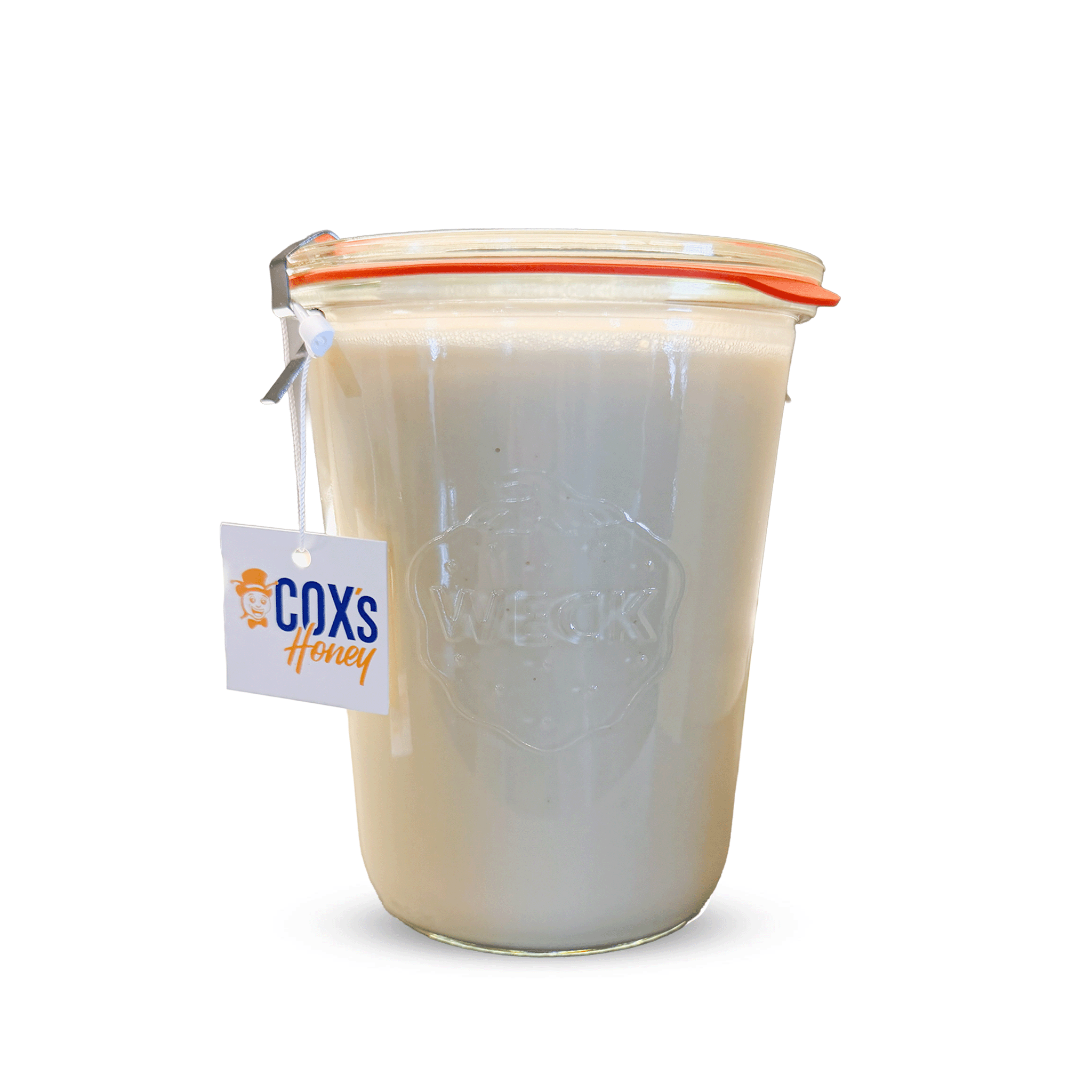 Jar of honey with a Coxs Honey tag on a white background