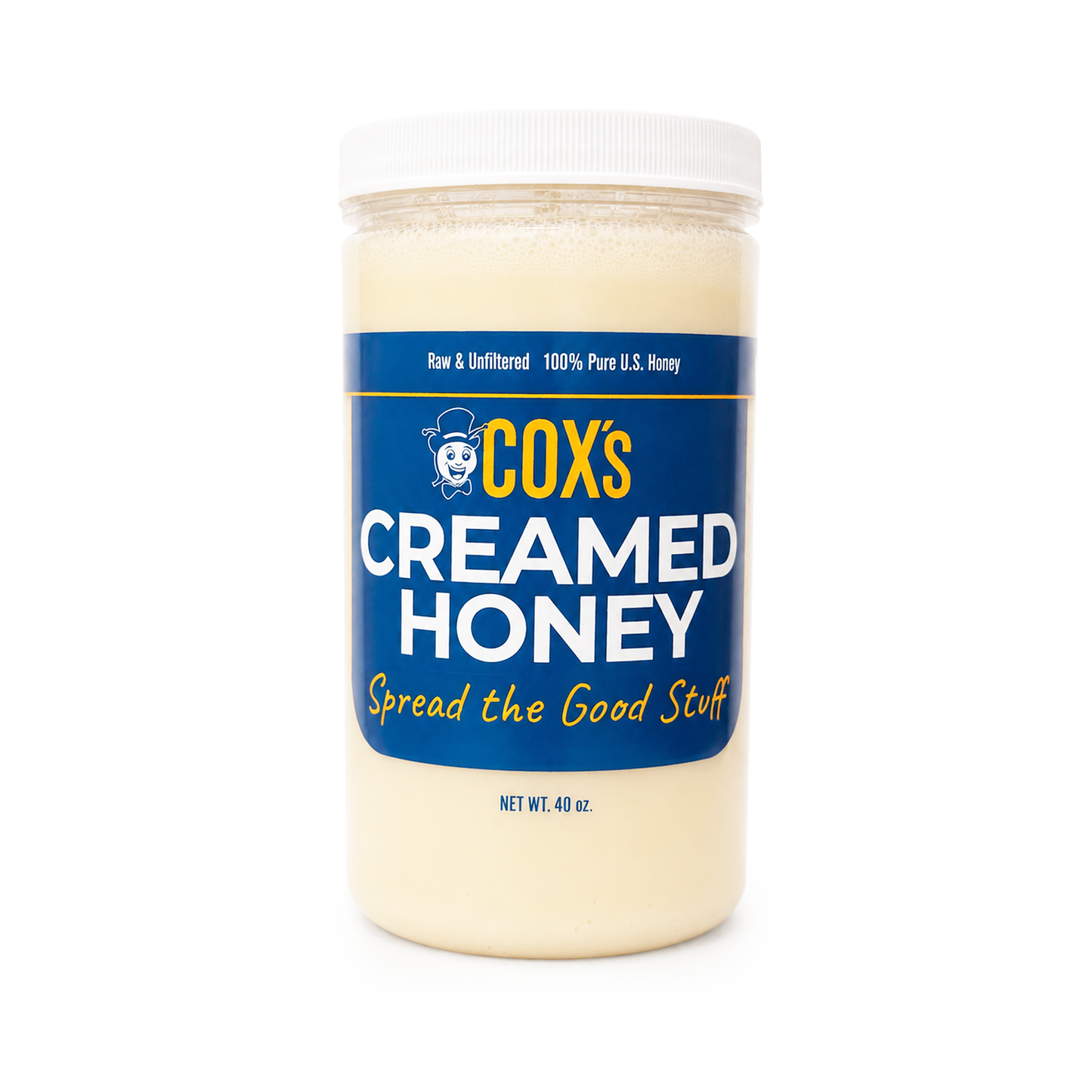 A jar of COX's Creamed Honey with a white lid and a blue label, photographed on a clean white background.
