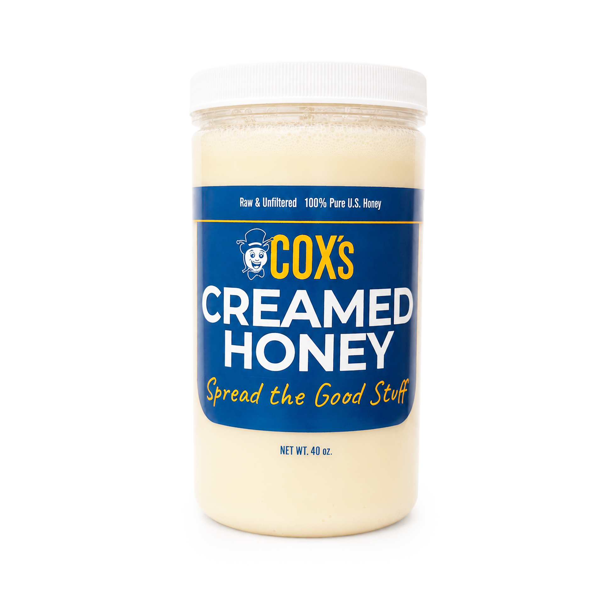 A jar of COX's Creamed Honey with a white lid and a blue label, photographed on a clean white background.