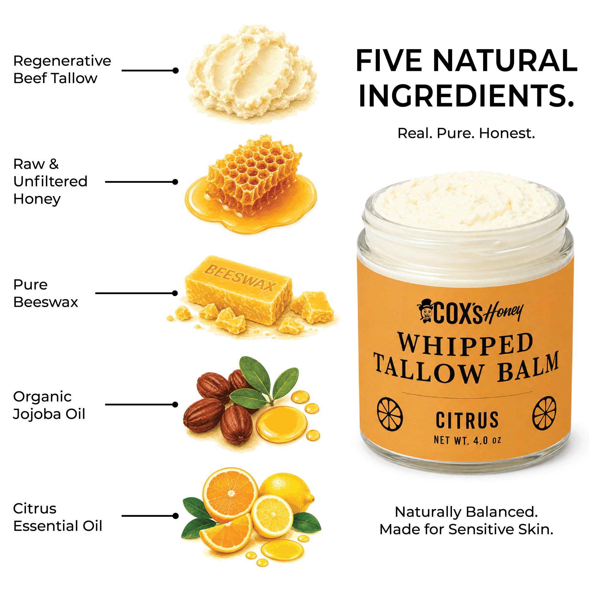 Coxs Honey Whipped Tallow Balm with ingredients listed on a white background