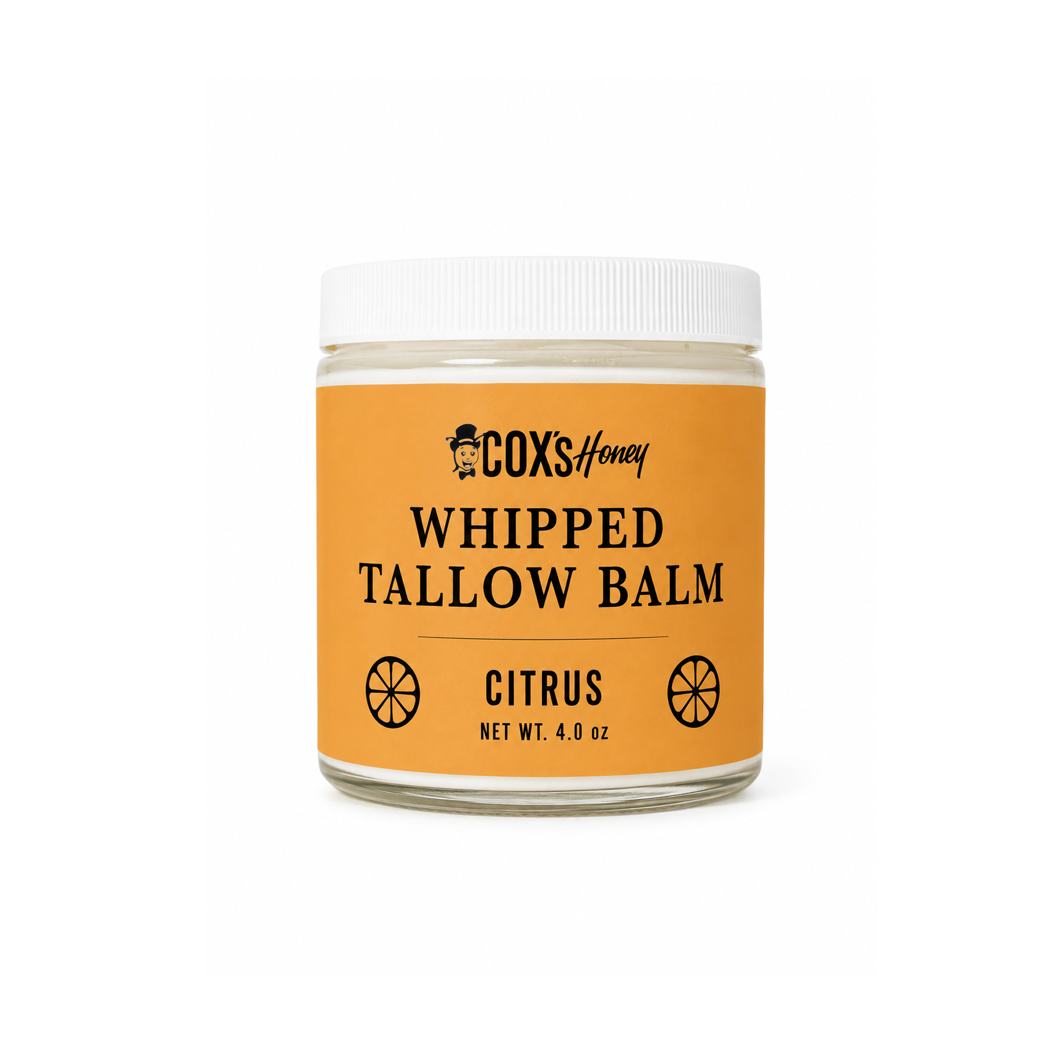 Jar of Cox's Honey Whipped Tallow Balm with a white lid on a white background