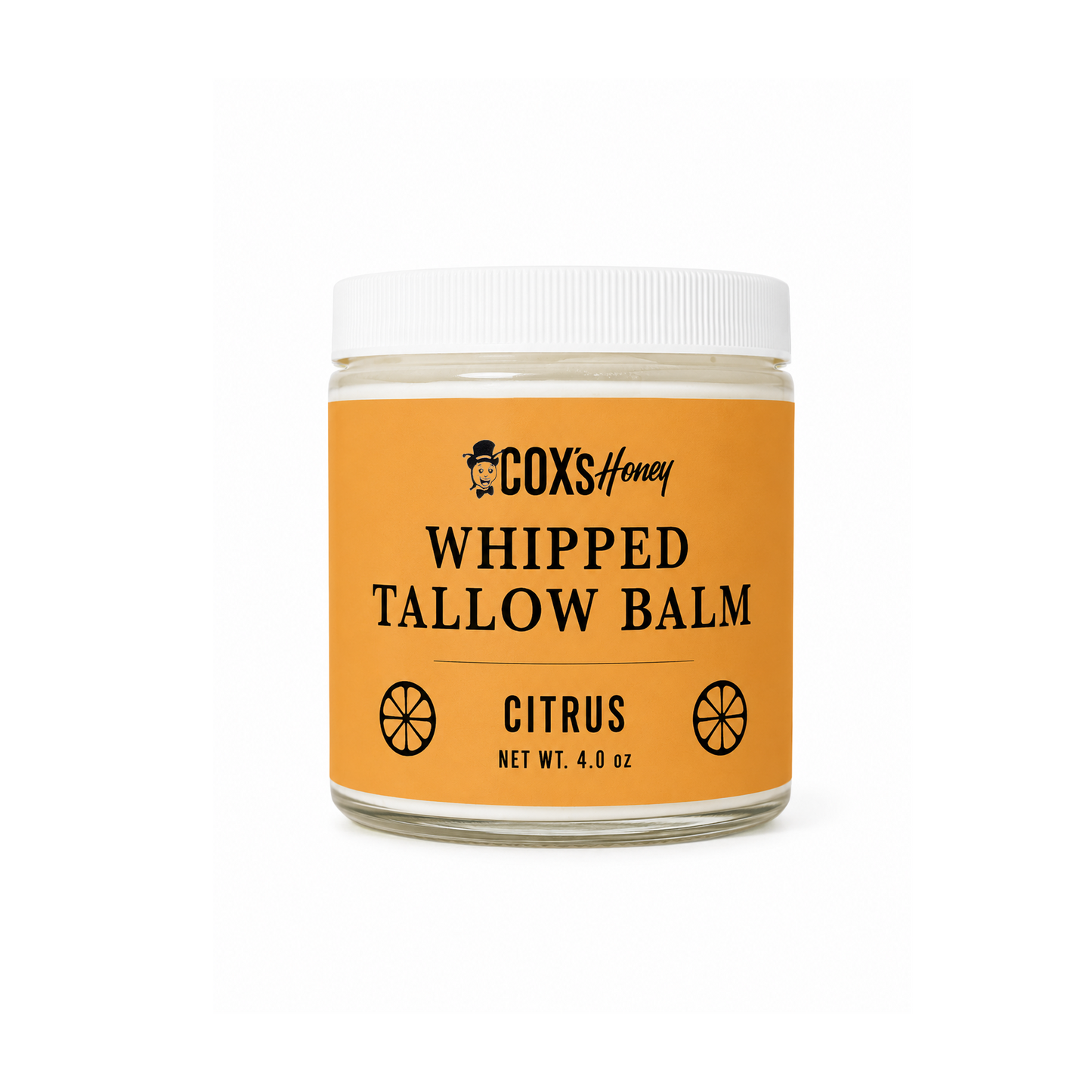 Jar of Cox's Honey Whipped Tallow Balm with a white lid on a white background