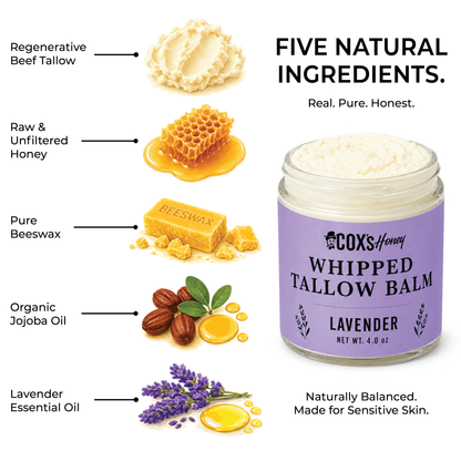 Coxs Honey Whipped Tallow Balm lavender with ingredients listed on a white background
