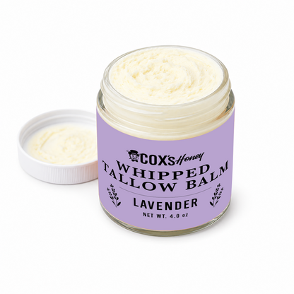 Jar of Coxs Honey Whipped Tallow Balm Lavender on a white background