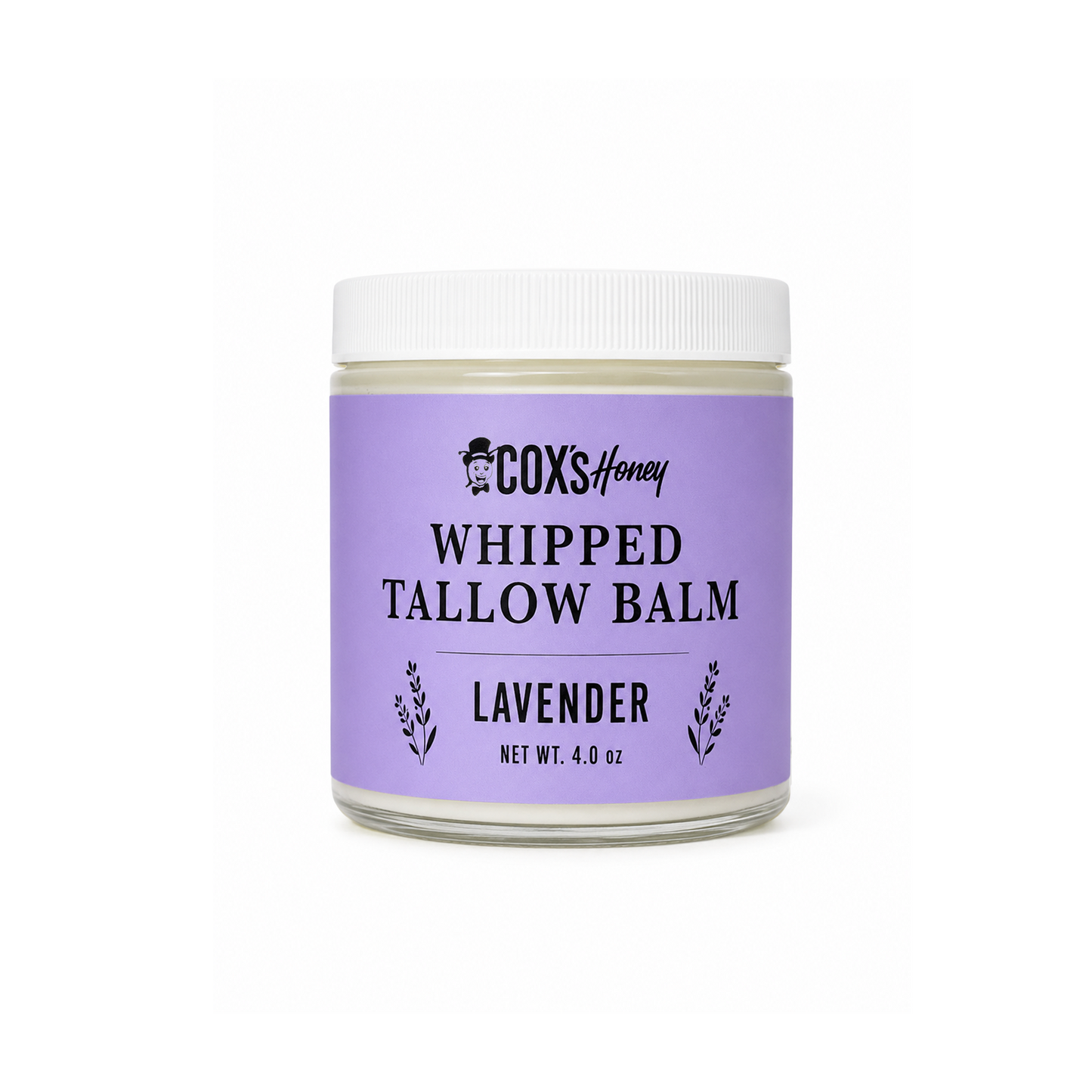 Jar of Coxs Honey Whipped Tallow Balm Lavender on a white background