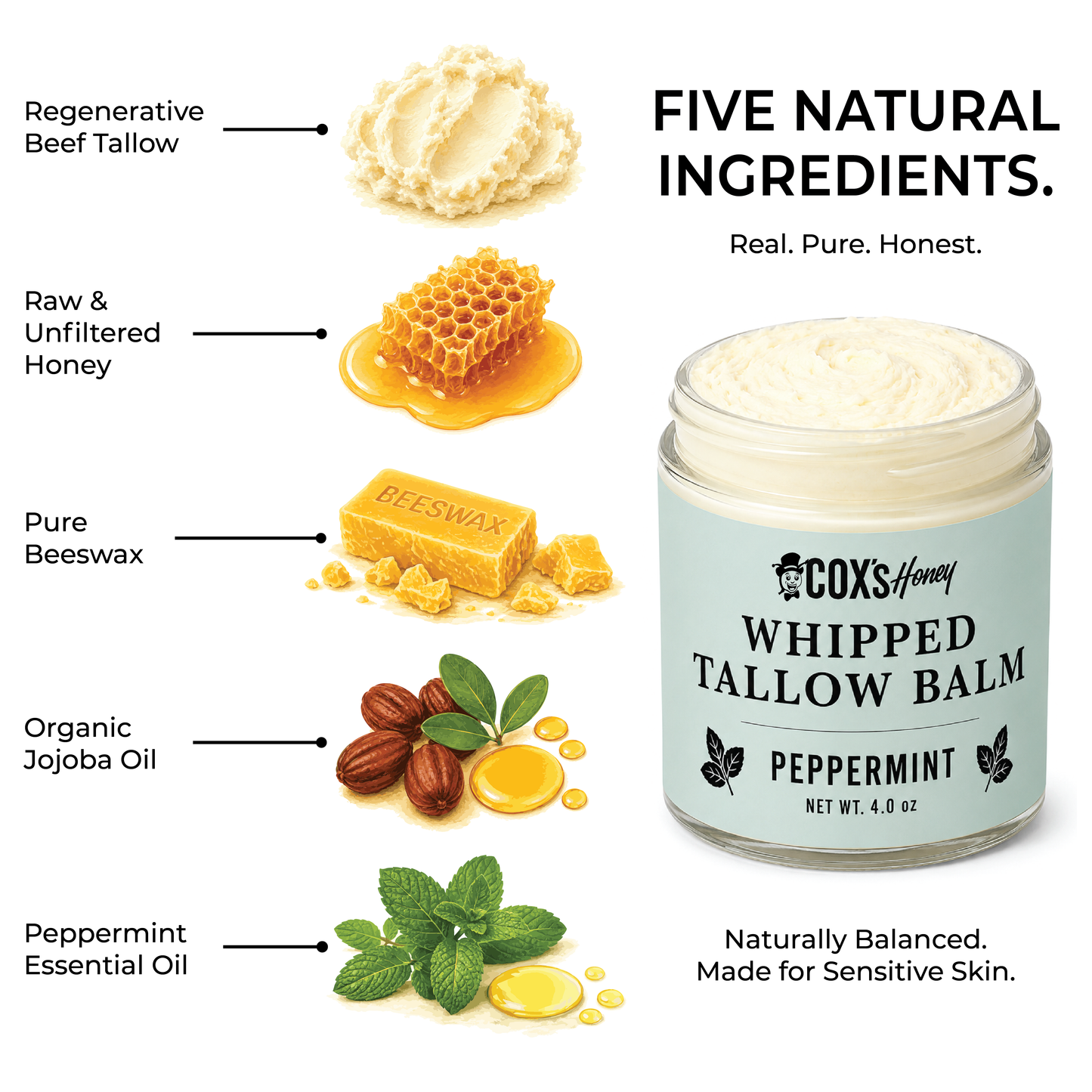 Coxs Honey whipped tallow balm with natural ingredients displayed on a white background