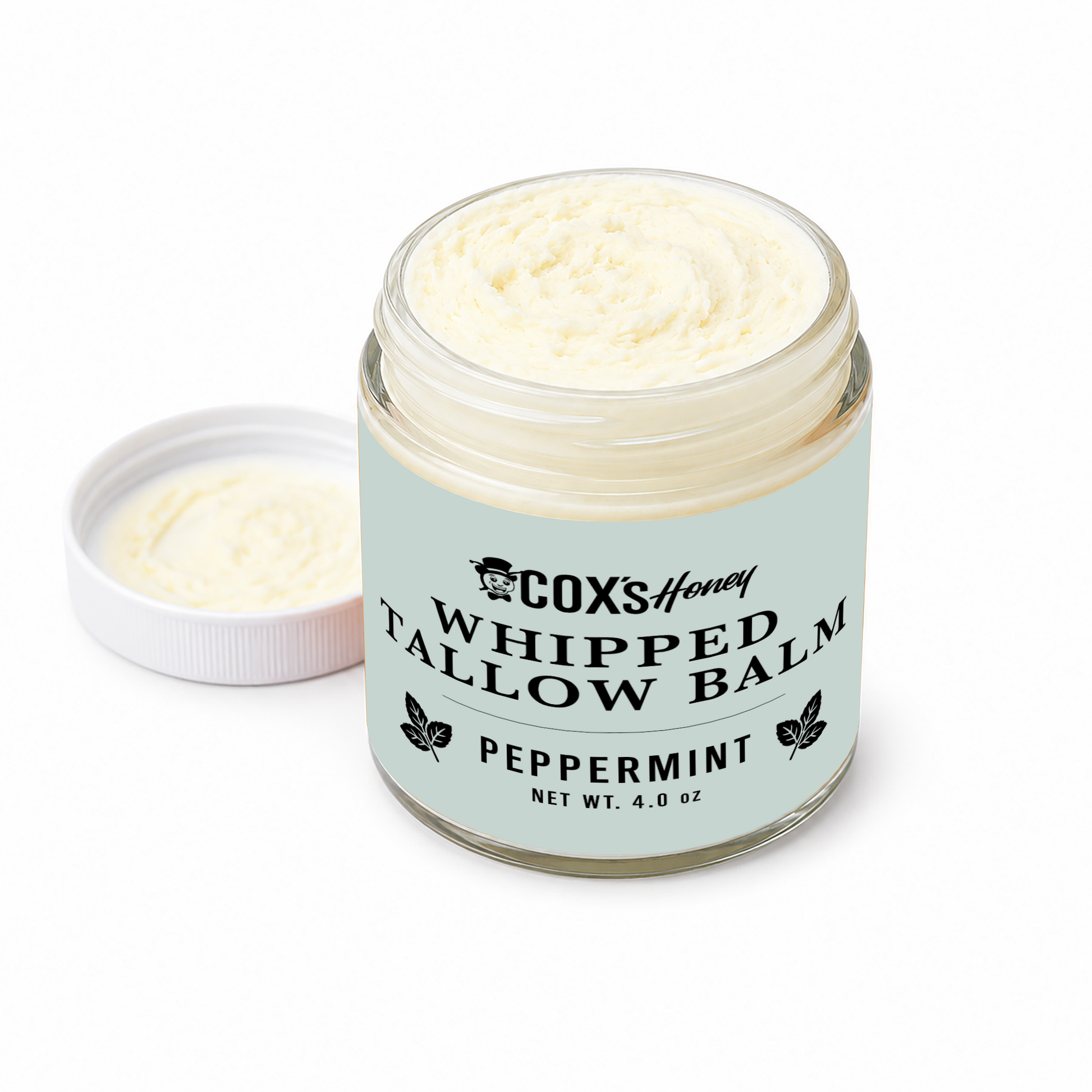 Jar of Coxs Honey Whipped Tallow Balm with peppermint flavor on a white background