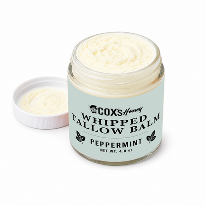 Jar of Coxs Honey Whipped Tallow Balm with peppermint flavor on a white background