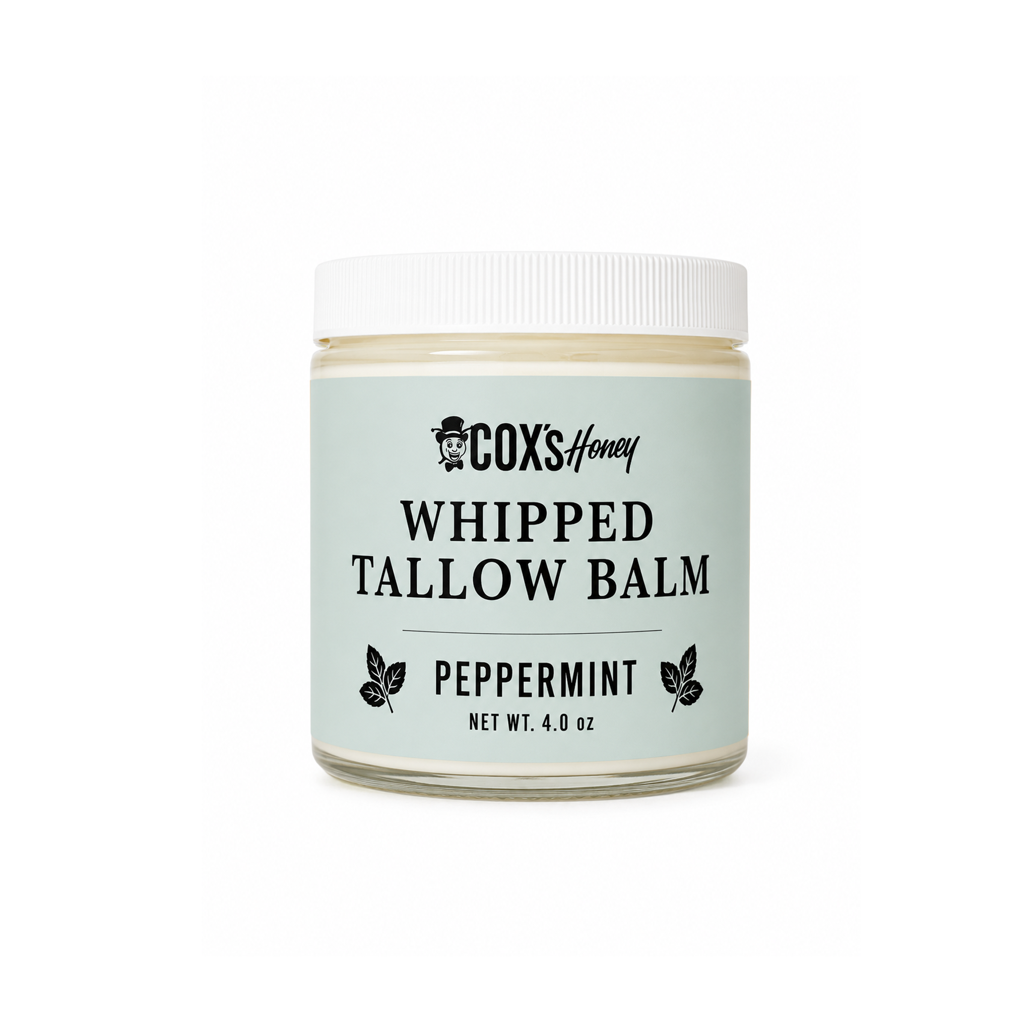 Jar of Cox's Honey Whipped Tallow Balm with peppermint flavor on a white background