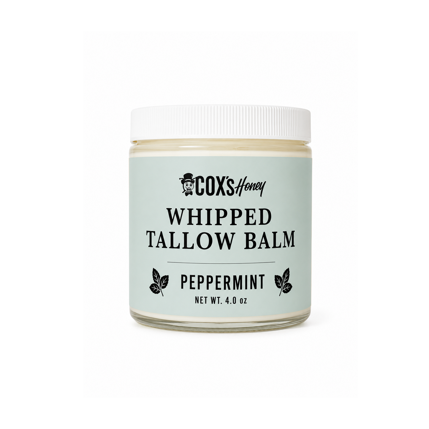Jar of Cox's Honey Whipped Tallow Balm with peppermint flavor on a white background