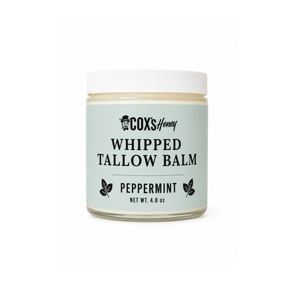 Jar of Cox's Honey Whipped Tallow Balm with peppermint flavor on a white background