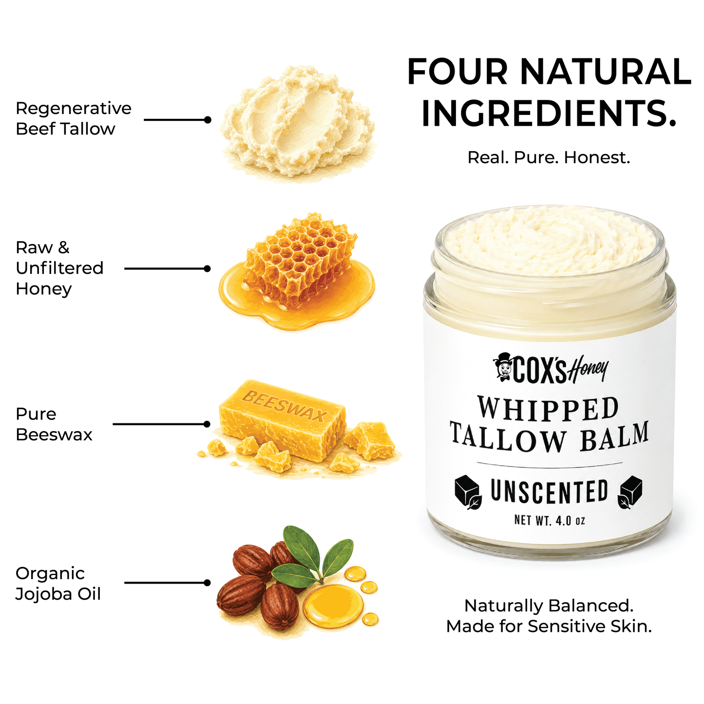 Coxs Honey Whipped Tallow Balm with natural ingredients displayed on a white background