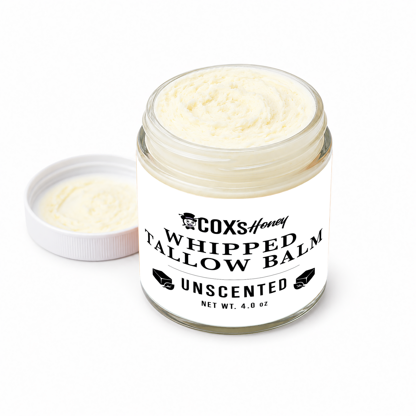 Jar of Coxs Honey Whipped Tallow Balm on a white background