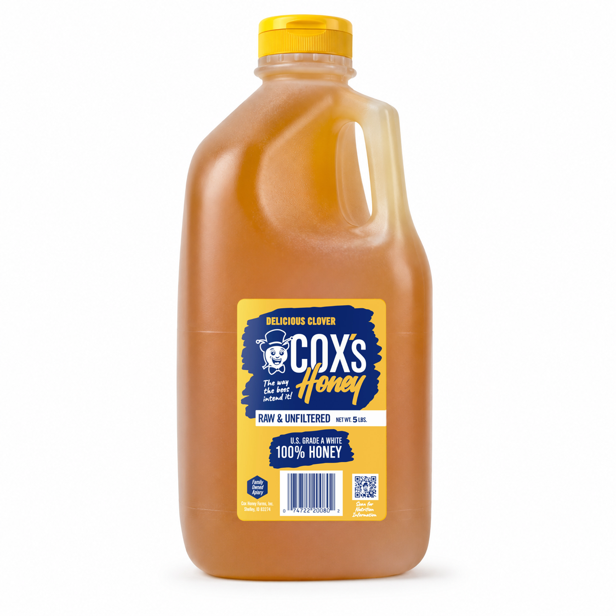 Coxs Honey Raw & Unfiltered Honey 5 lb Jug on white background 