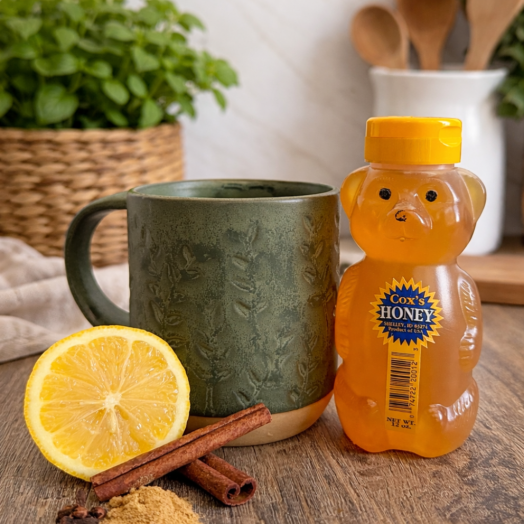Honey bear bottle, green mug, lemon, and cinnamon sticks on a wooden surface with plants in the background.