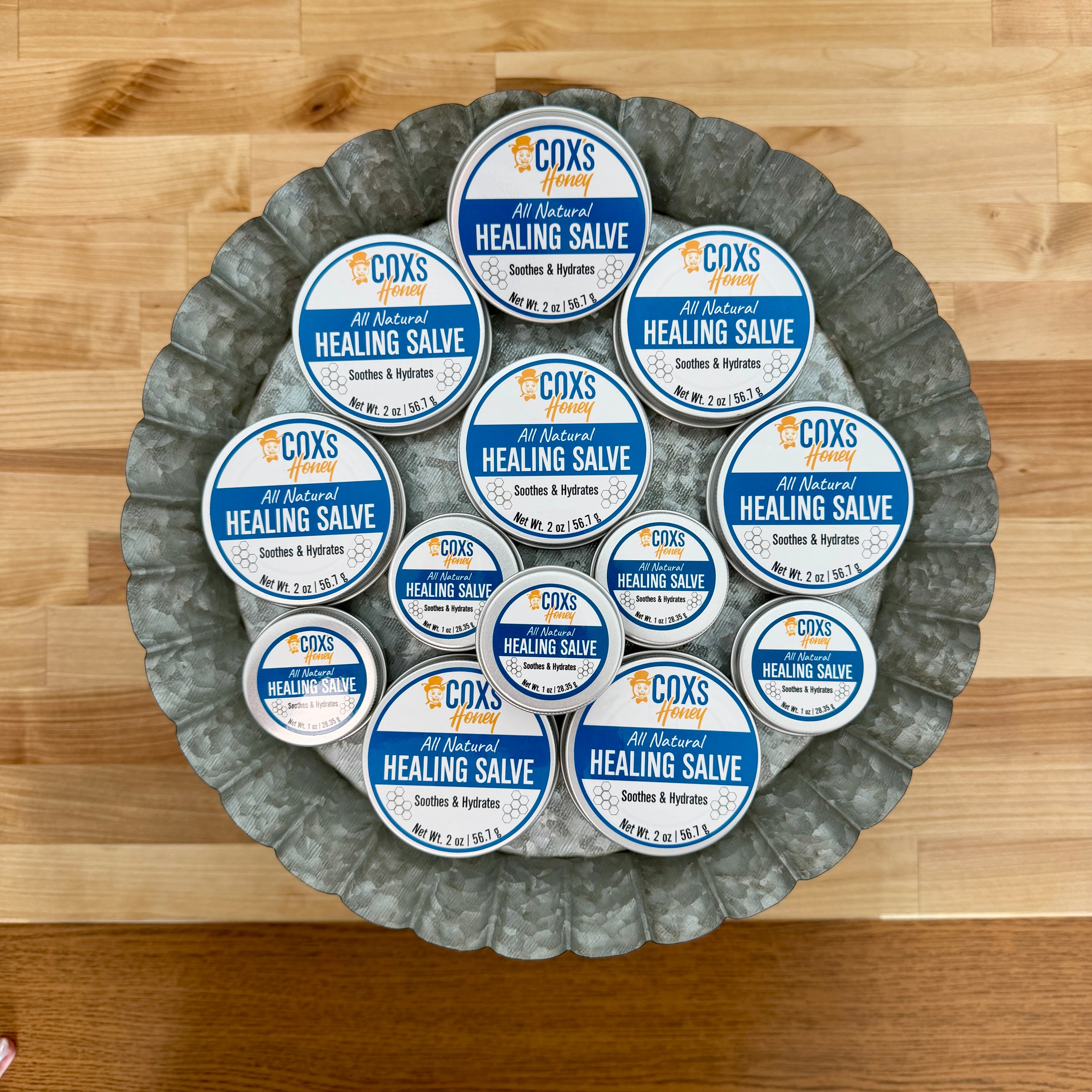 Cox's Honey All Natural Healing Salve in store metal platter