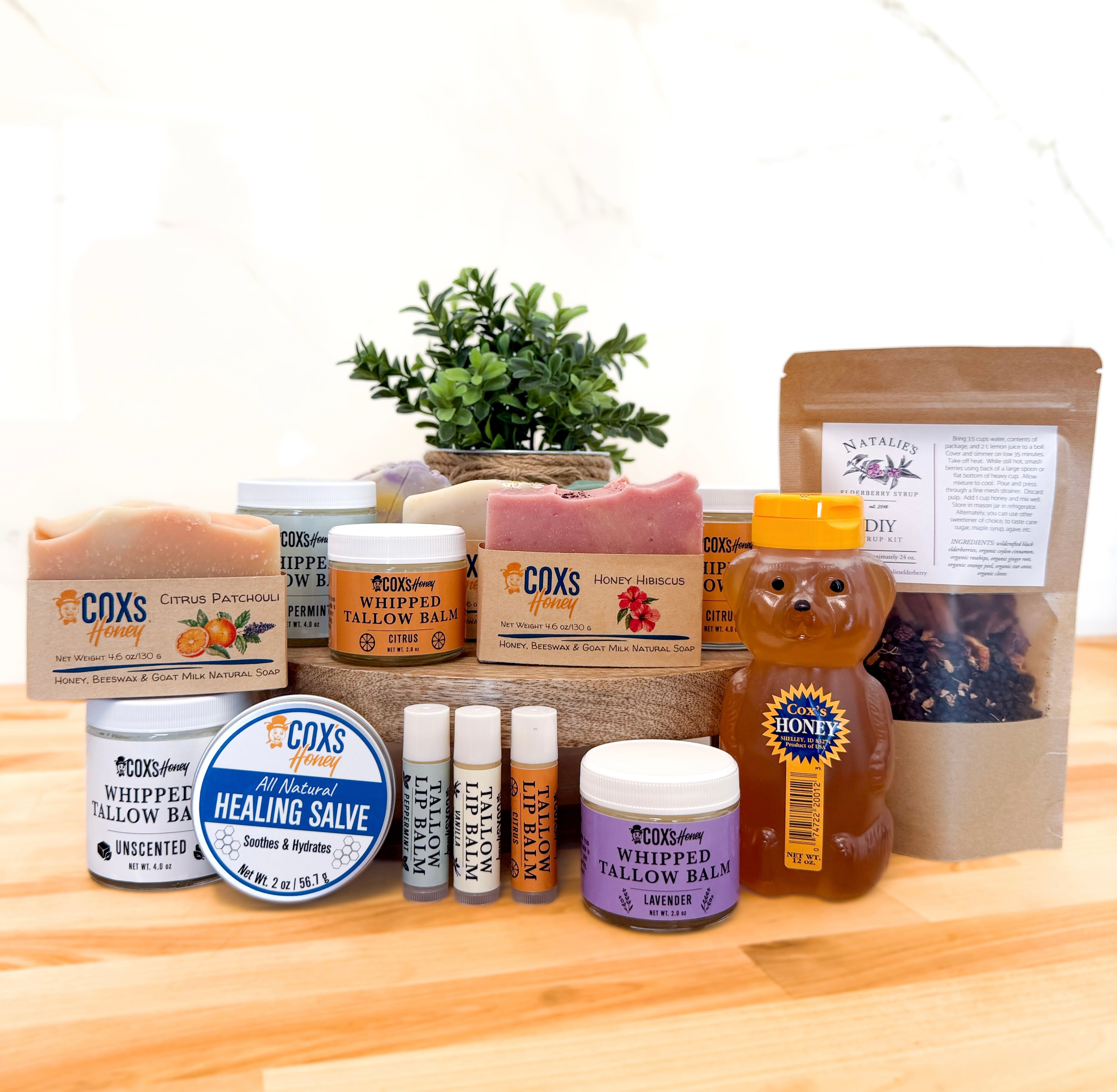 Assorted natural products including honey, balm, and salve on a wooden surface with a plant in the background.