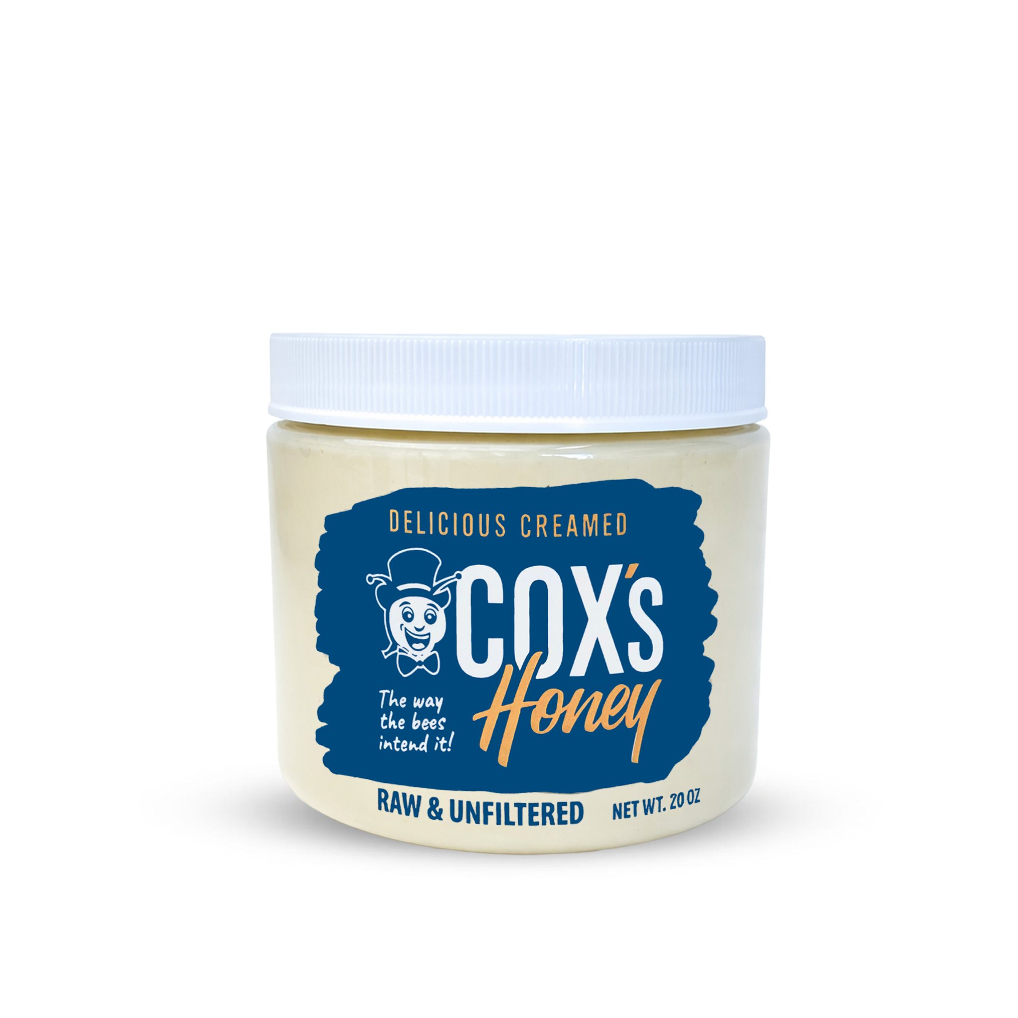 20 oz Jar of Cox's Honey creamed honey on a white background