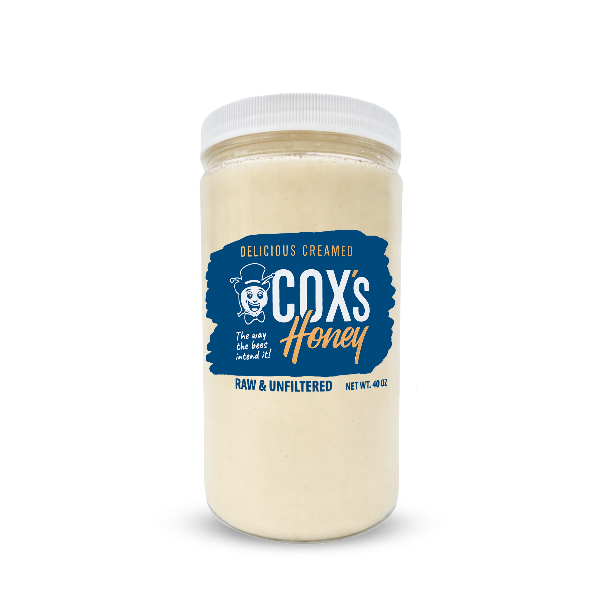 40 oz Jar of Cox's Honey creamed honey on a white background