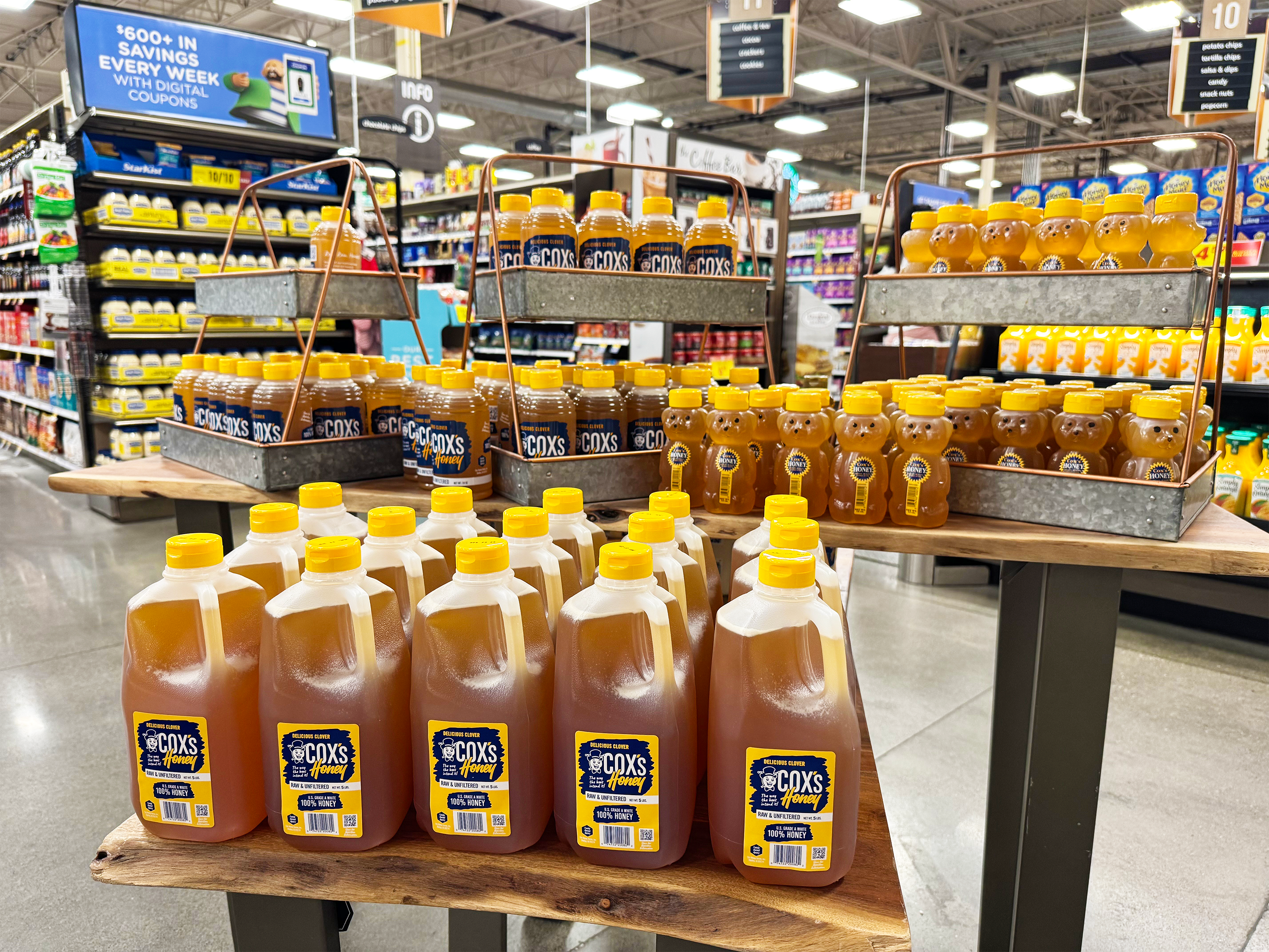 Display of Cox's Honey in a grocery store setting