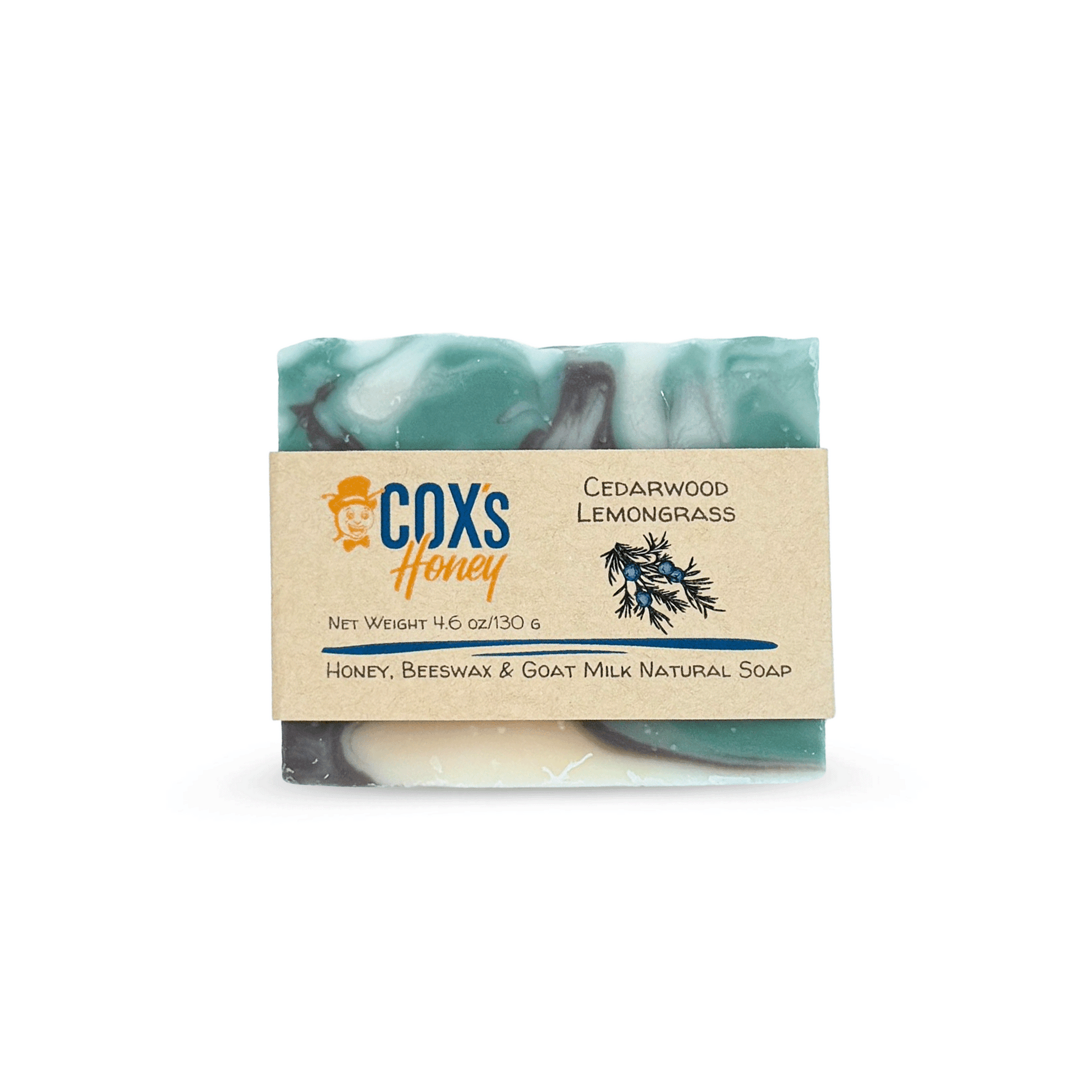 Bar of cedarwood lemongrass soap with a Coxs Honey label on a white background