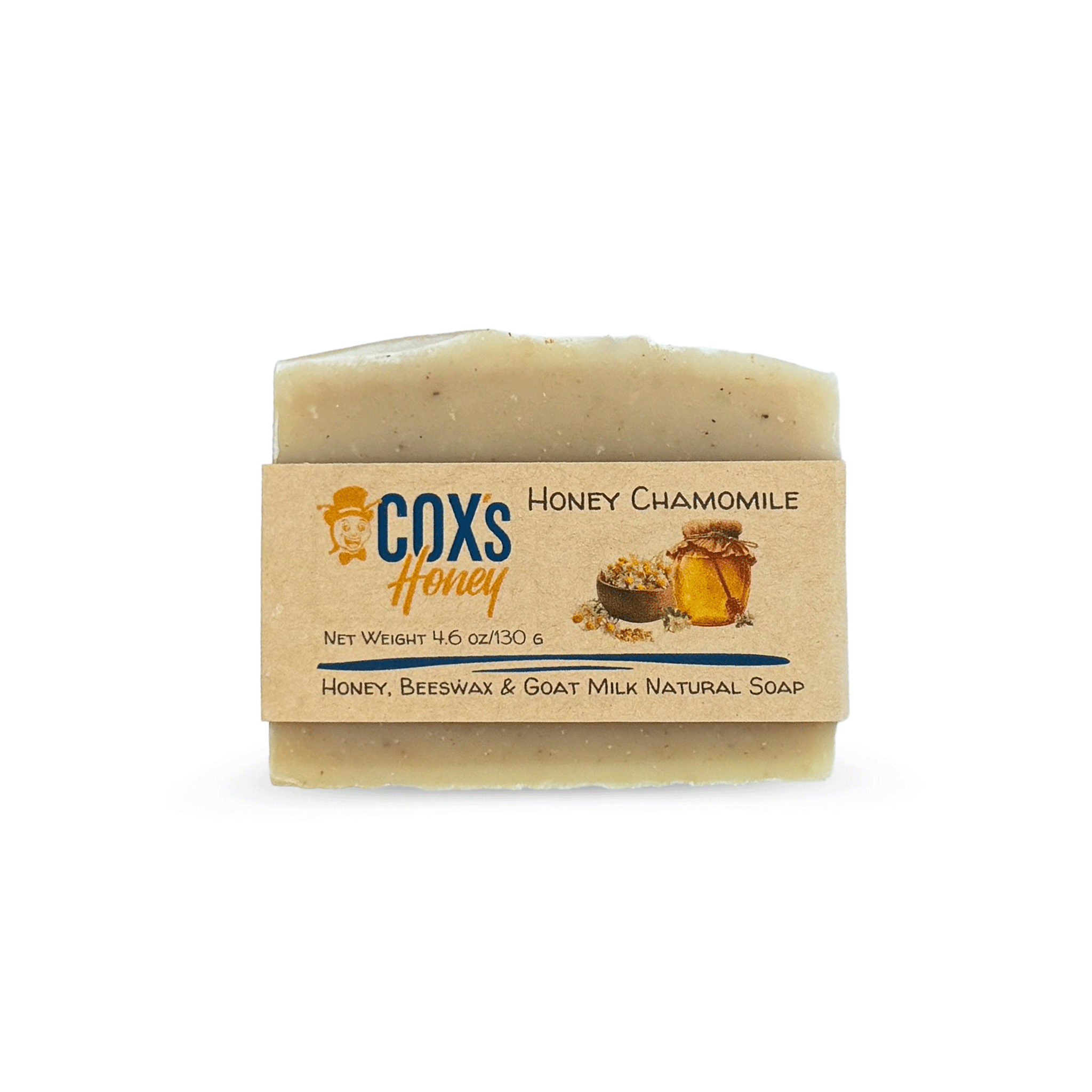 Bar of honey chamomile soap with a Coxs Honey label on a white background