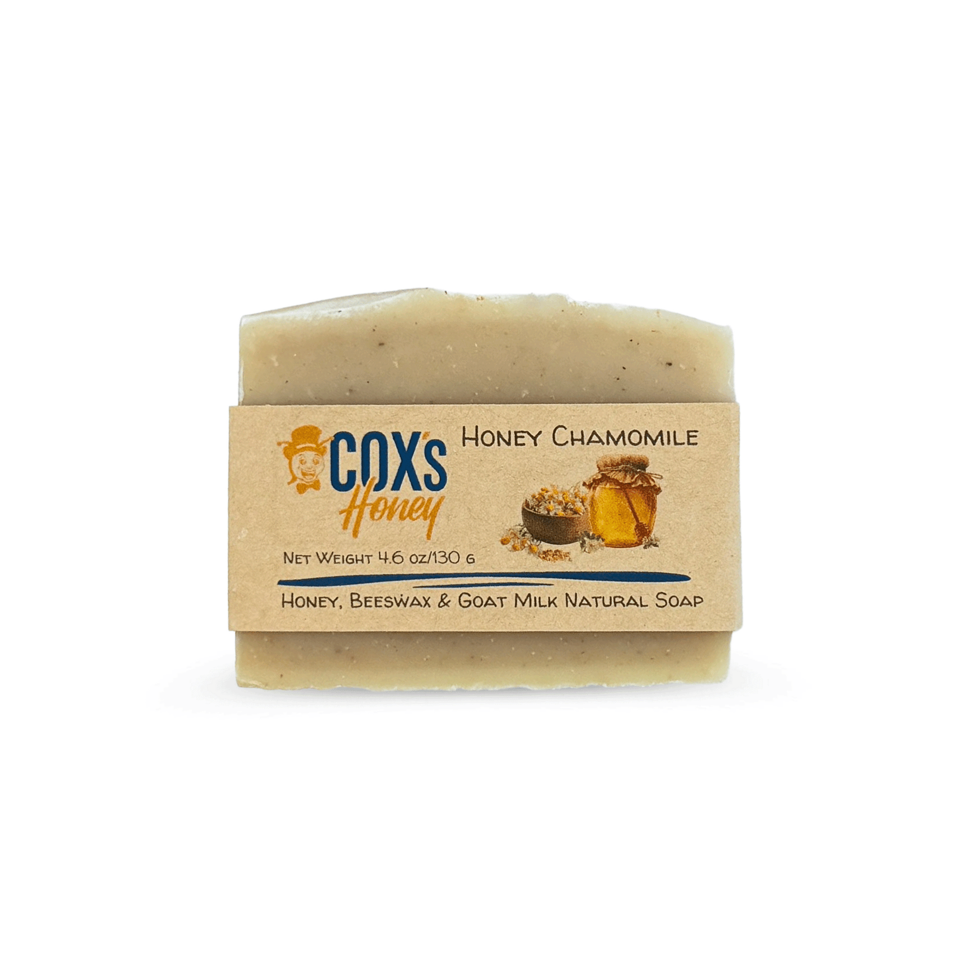 Bar of honey chamomile soap with a Coxs Honey label on a white background